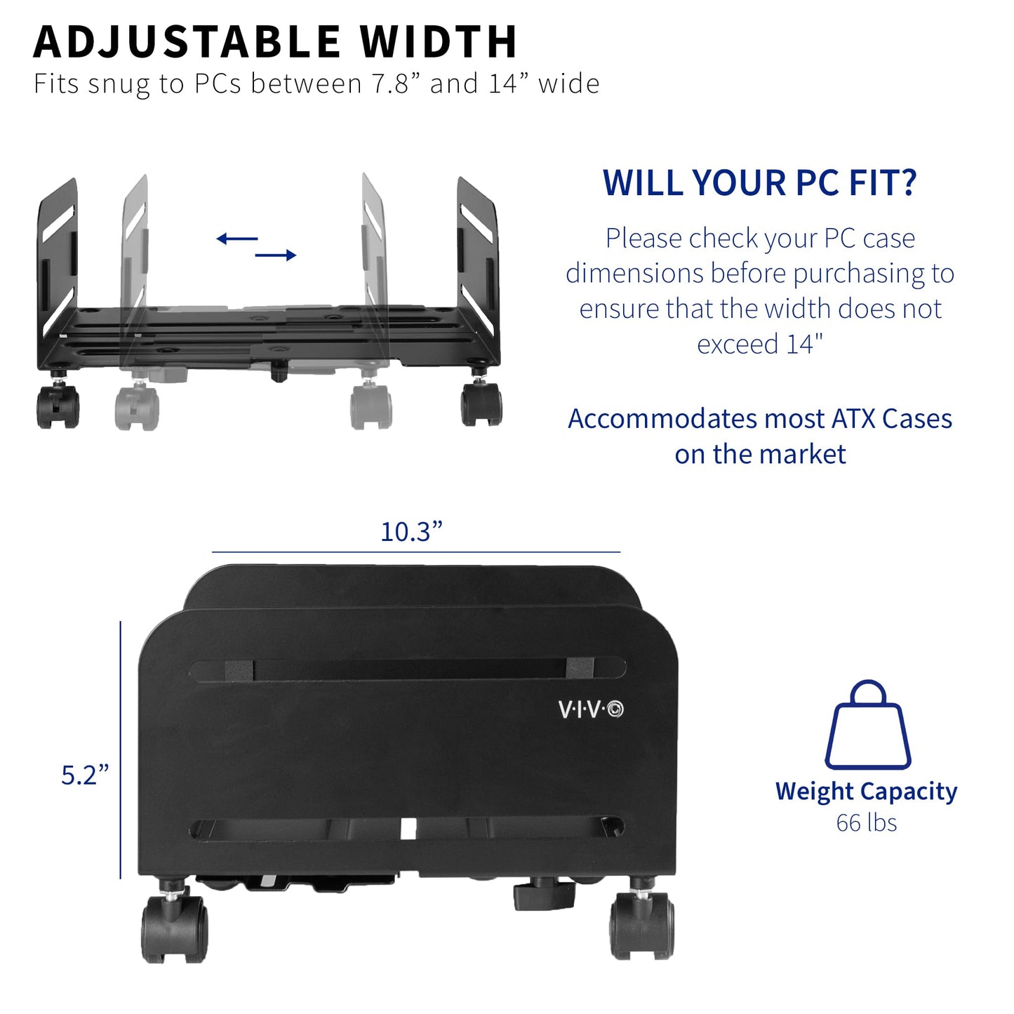 VIVO Large Computer Tower Desktop ATX-Case, CPU Steel Rolling Stand, 7.8 to 14 inch Wide Adjustable Mobile Cart Holder with Locking Caster Wheels, Gaming PC Holder, Black, CART-PC01L