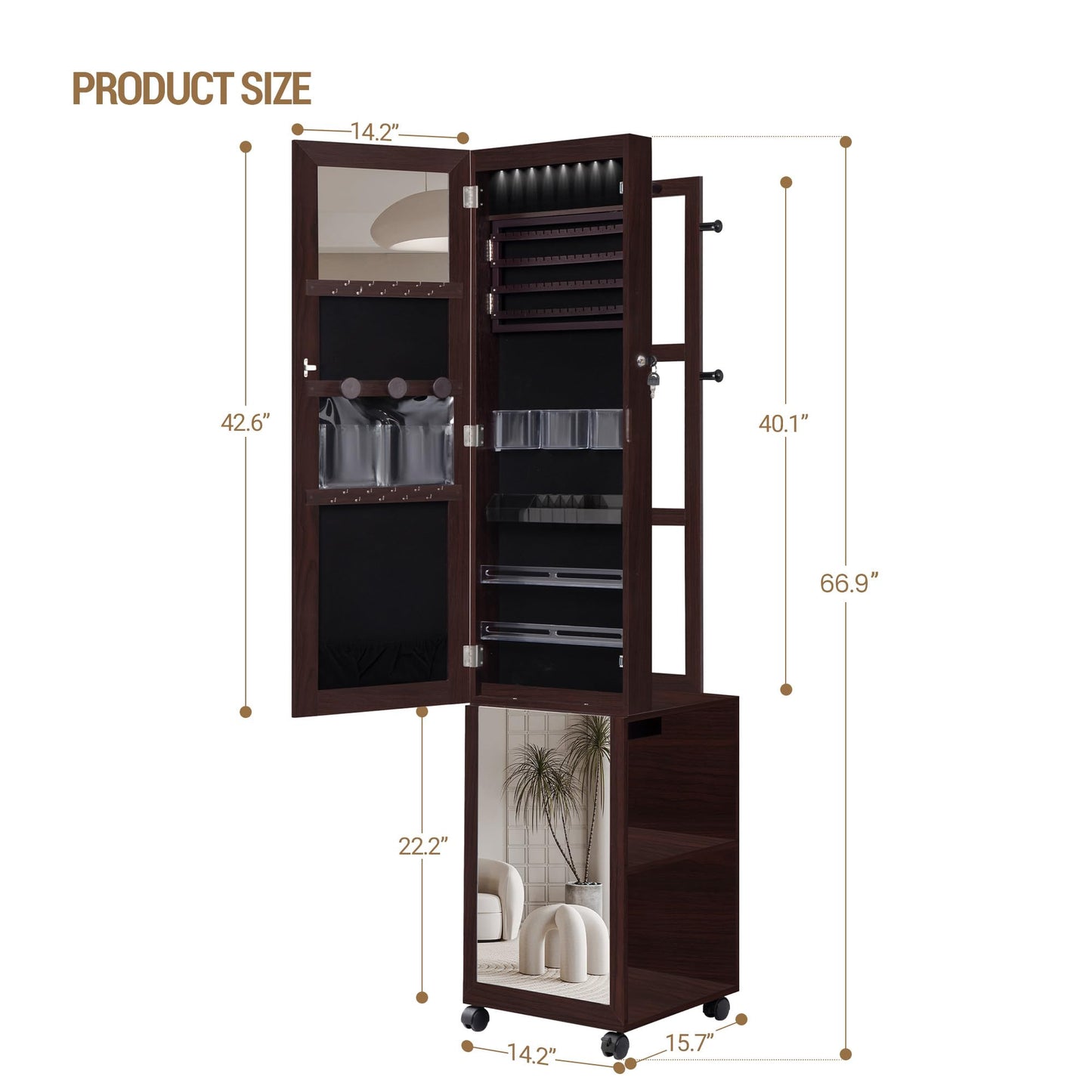 Hzuaneri 8 LEDs Jewelry Cabinet Armoire, 66.9-inch Jewelry Organizer with Garment Rack, Lockable Full-length Mirror with 4 Wheels, Storage Shelves with Hooks, 5-in-1, Brown JC17019B