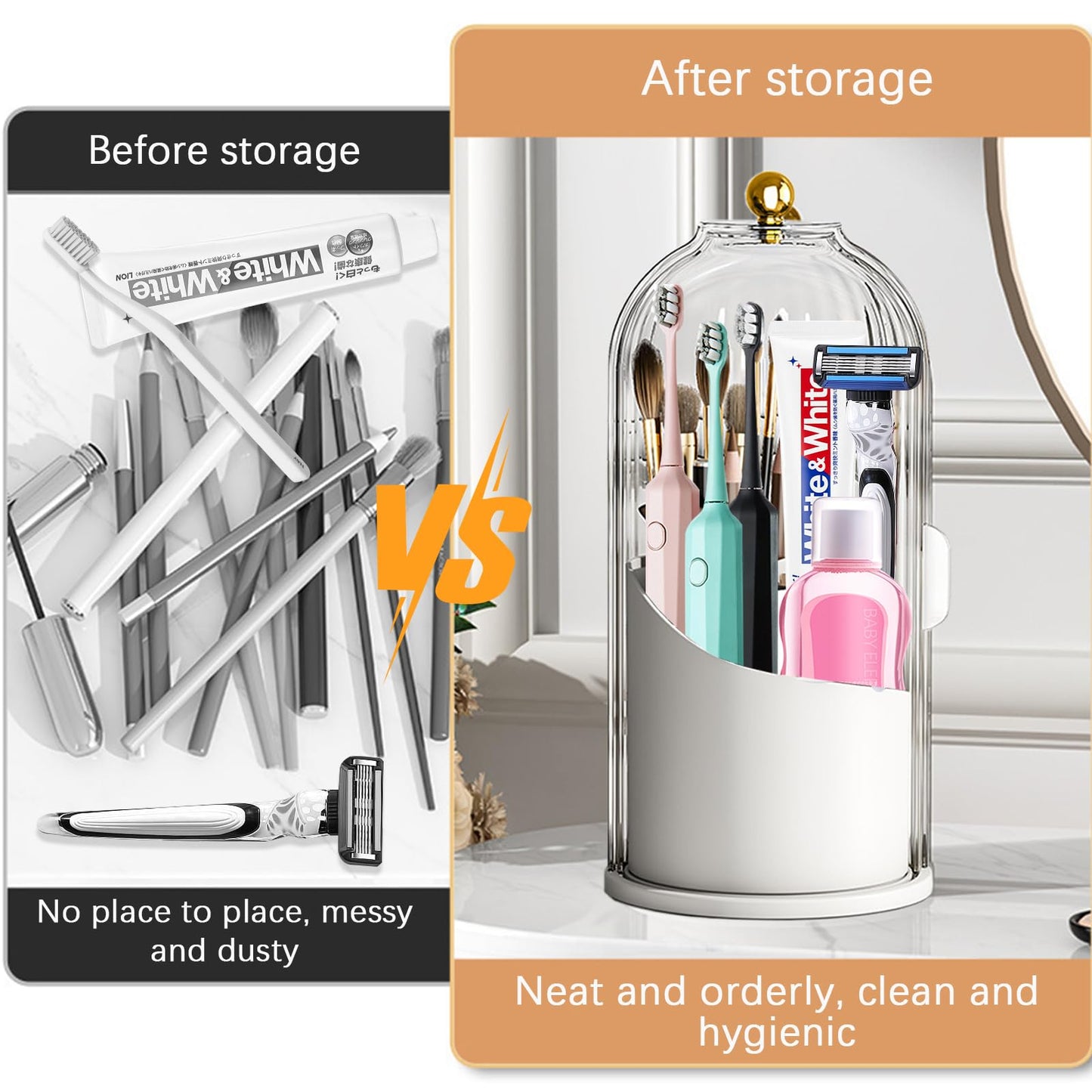 Wekity Toothbrush Holder with Sliding Lid, 360° Rotating Makeup Brush Storage Rack - Waterproof and Dustproof, Toothbrush Toothpaste Holder Beauty Brush Bathroom Counter Holder Sink Organizer (Grey)