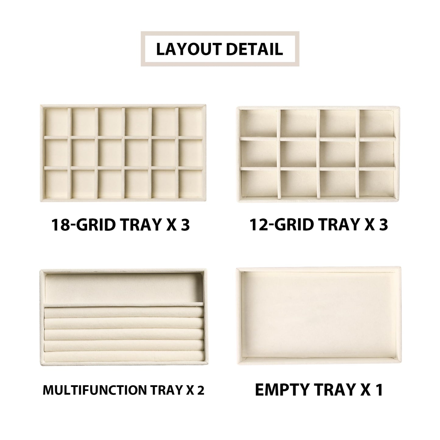 Frebeauty Jewelry Organizer Tray,Stackable Velvet Jewelry Trays,Drawer Inserts Earring Organizer For Women Jewelry Storage Display Case for Rings Stud Necklaces,Set of 9(Beige)