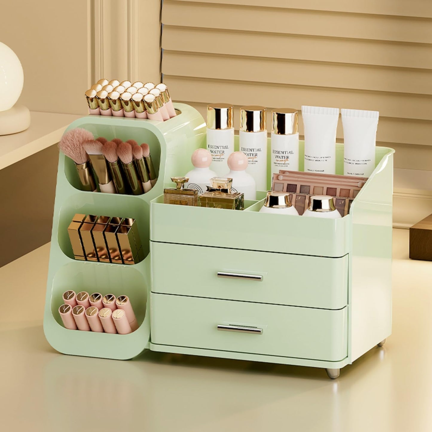 Booklov Makeup Organizer for Vanity, Large Capacity Cosmetic Display Case with Drawers, Countertop Beauty Storage Holder for Skincare, Brush Eyeliner Perfume Eyeshadow Lipsticks, Counter Desk, Green