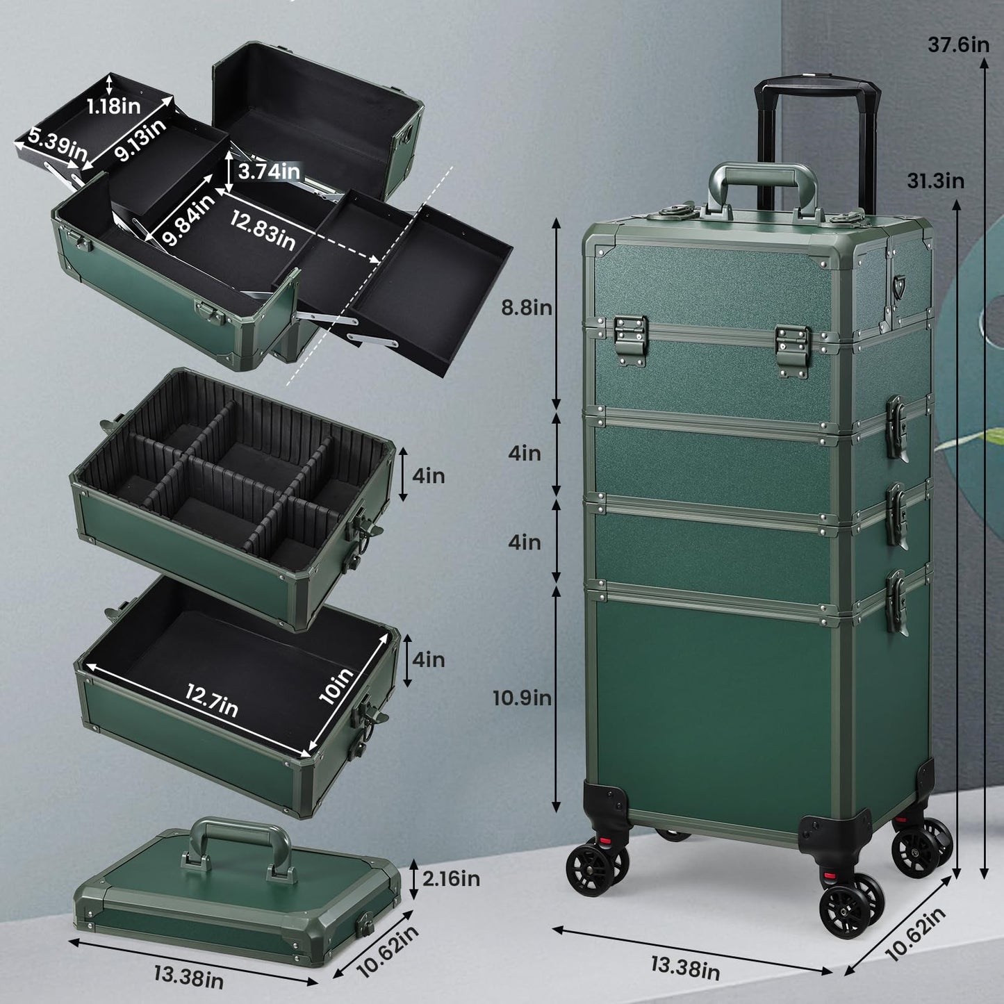 Rolling Makeup Case Makeup Train Case with Lid 5 in 1 Cosmetology Case on Wheels Cosmetic Trolley Organizer Large Makeup Organizers Case Profesional Cosmetic Case for Salon Barber Nail Beauty, Green