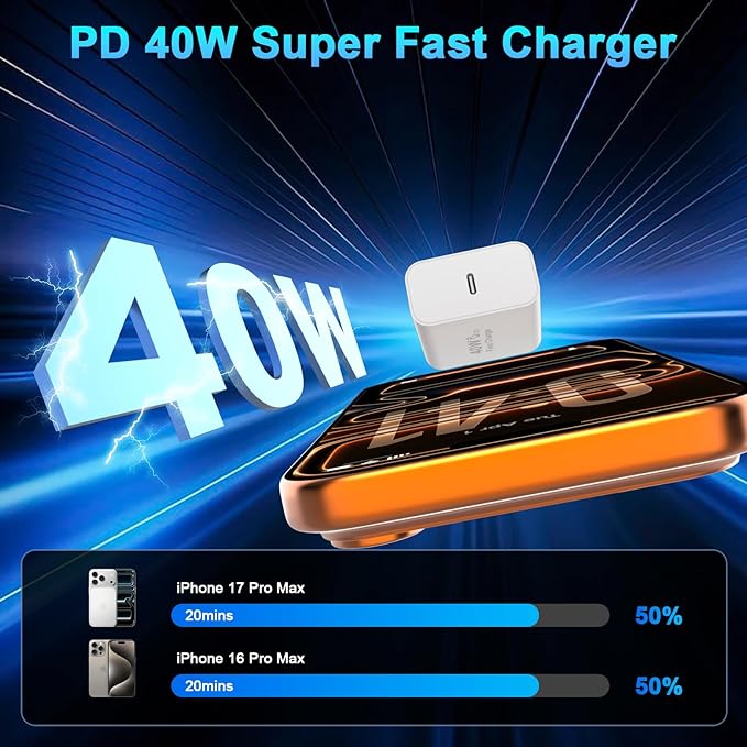 iPhone 17 16 Pro Max Charger Fast Charging, 40W USB C iPhone 16 17 Fast Charger Block with 10 FT Long Type C to C Charging Cable Cord for iPhone 17/17 Pro Max/17 Pro/Air/16/16 Pro Max/15/15 Pro Max