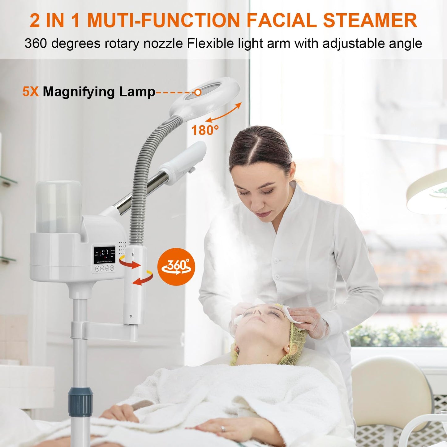 Professional Facial Steamer with 5X Magnifying Lamp, 2 in 1 Facial Steamer Upgrade PTC Heating, Esthetician Steamer Black Face Steamer for Salon Spa Beauty Skin Care (White)