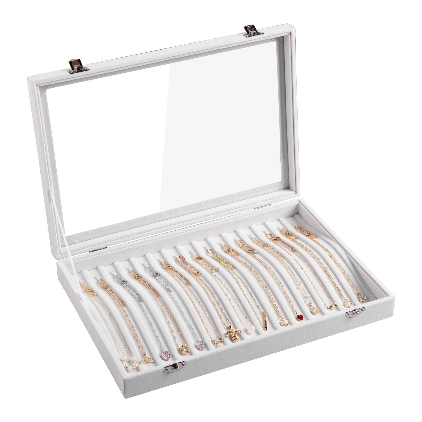 Frebeauty 15 Hooks Necklace Tray,Neckalce Organizer with Clear Lid,Velvet Necklace Holder Box,Jewelry Organizer for Pendants Chains,13.8x9.5x2 inches Necklace Jeweley Tray for Women(White)