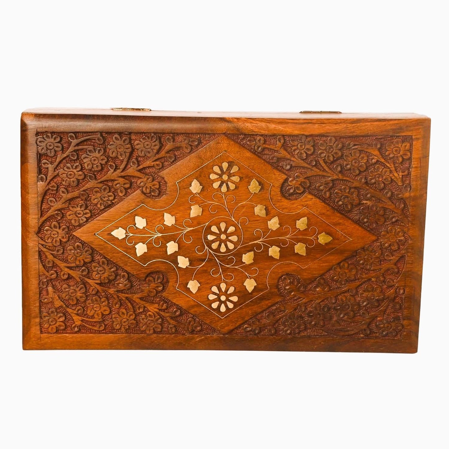 Wooden Jewelry Box with Exquisite Carving and Brass Inlay, Elegant Jewelry Organizer for Rings, Necklaces, and Bracelets, Handcrafted Storage Solution for Treasured Accessories