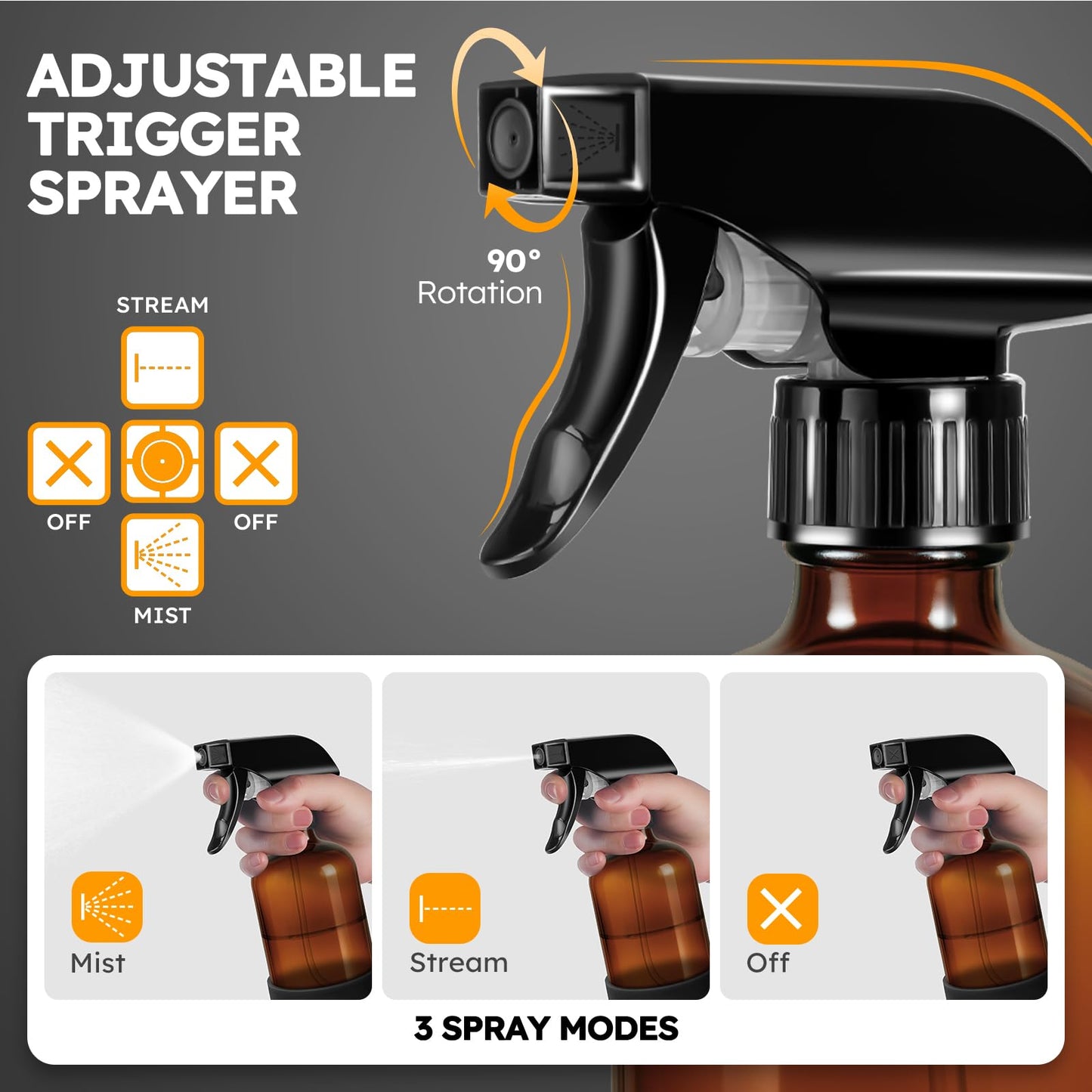 Tecohouse 2 Pack 360° Amber Glass Spray Bottles with Silicone Sleeve, 16 oz Empty Refillable Containers with Adjustable Spray Nozzles, Dark Spray Bottles for Cleaning Solutions, Plants (Black & Brown)