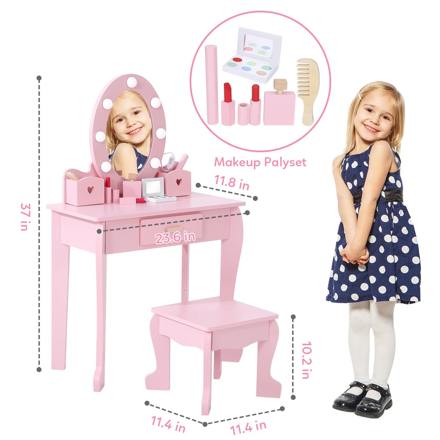 Garvee Kids Vanity Set, Pretend Play Girls Vanity Table and Chair Set with Lighted Mirror, Stool, and Wood Makeup Playset, Pink