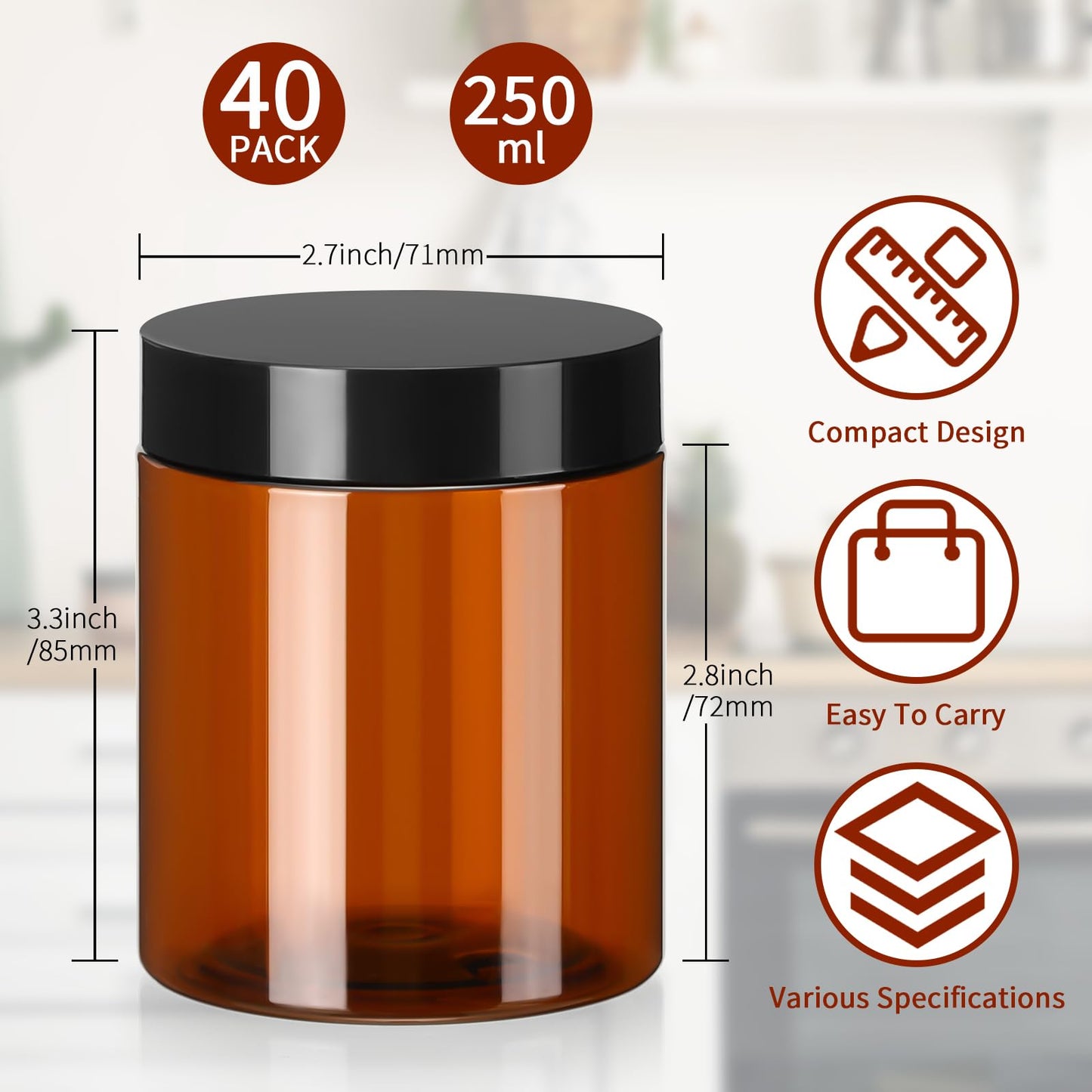 Tanlade 40 Pcs 8 oz Plastic Jars with Lids Round Cosmetic Containers Refillable Containers for Powder Liquid Food Storage Kitchen Cosmetic Lotion Ointments Creams Essential Oil(Amber)