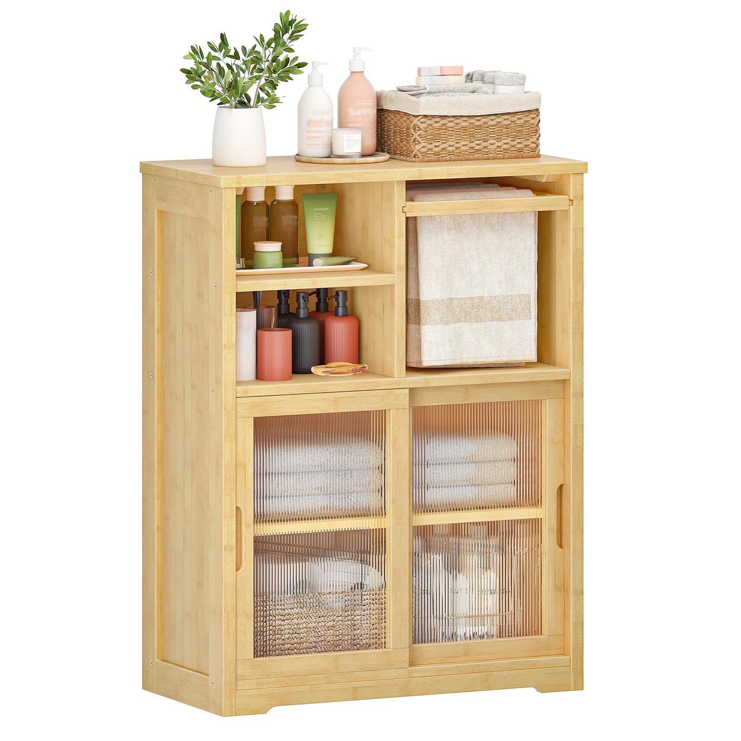 HOOBRO Bathroom Floor Cabinet, Small Bathroom Cabinet with 2 Doors, Floor Storage Cabinet, Bamboo Organizer Cabinet with Adjustable Shelves for Living Room, Dining Room, Entryway, Natural