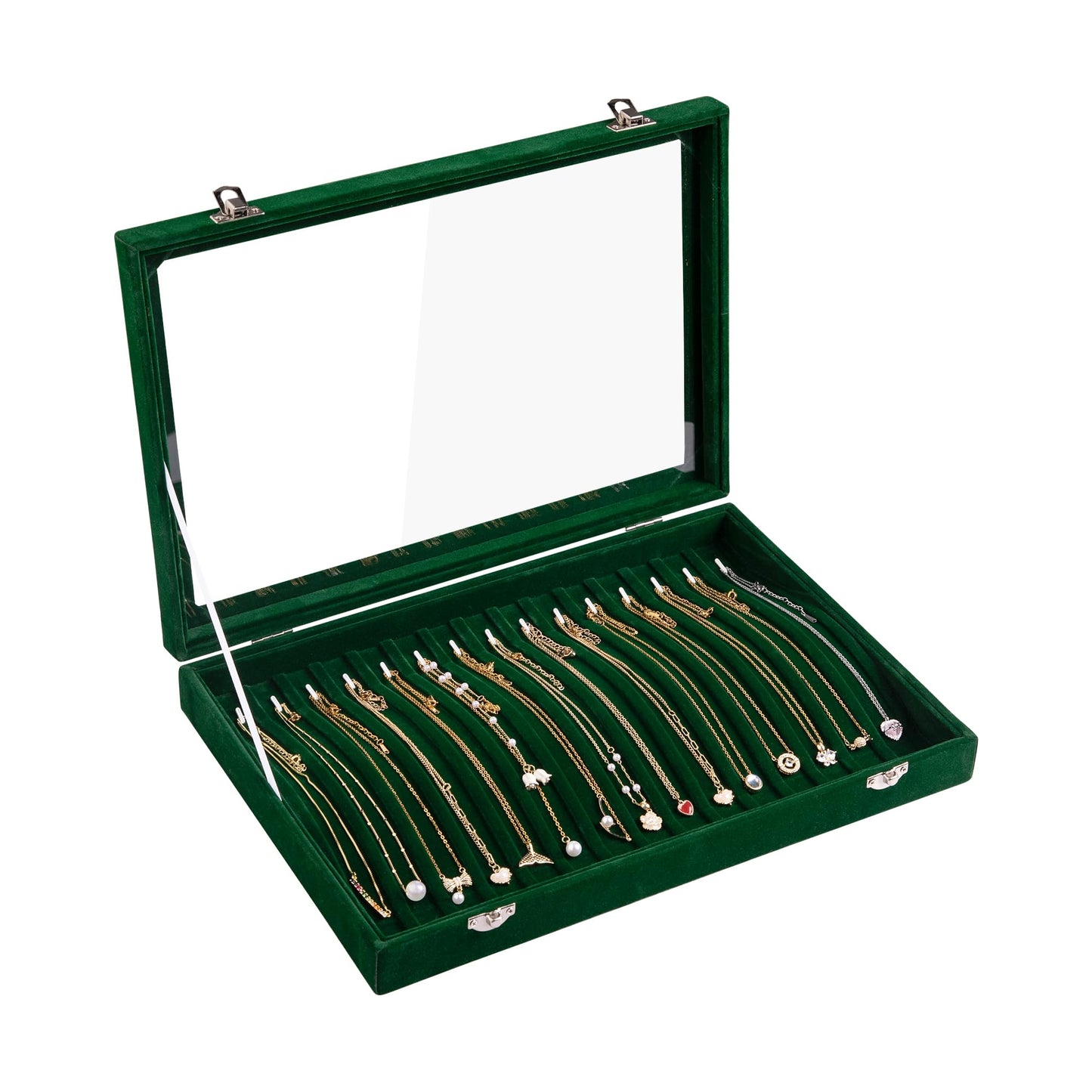 Frebeauty 15 Hooks Necklace Tray Velvet Neckalce Organizer with Clear Lid Lockable Necklace Holder Box Jewelry Organizer for Pendants Chains Necklace Jeweley Tray for Women Girl (Blackish Green)