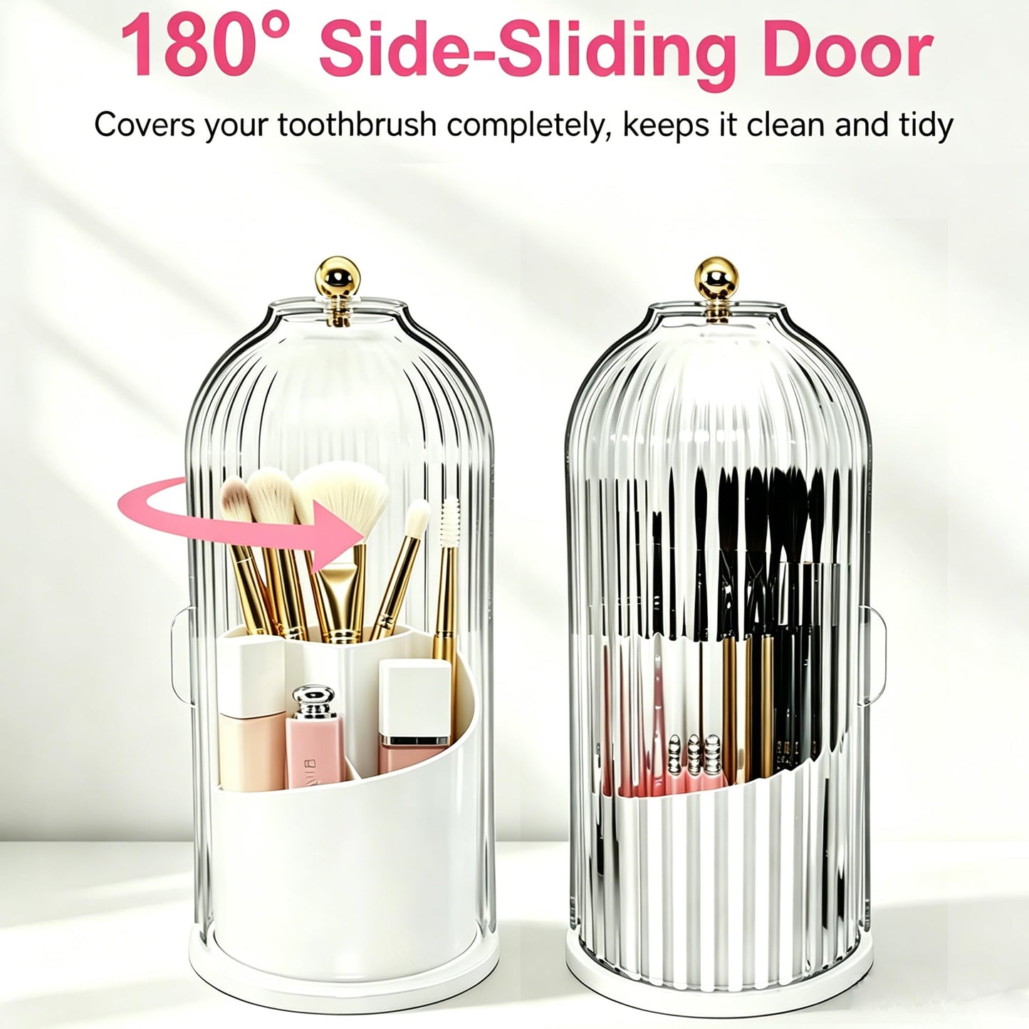 Bilziviro Makeup Brush Holder with 360° Rotating Lid, Covered Cosmetic Brush Organizer for Vanity, Bathroom Countertop Toothbrush Holder, Dustproof, Waterproof, Easy to Clean