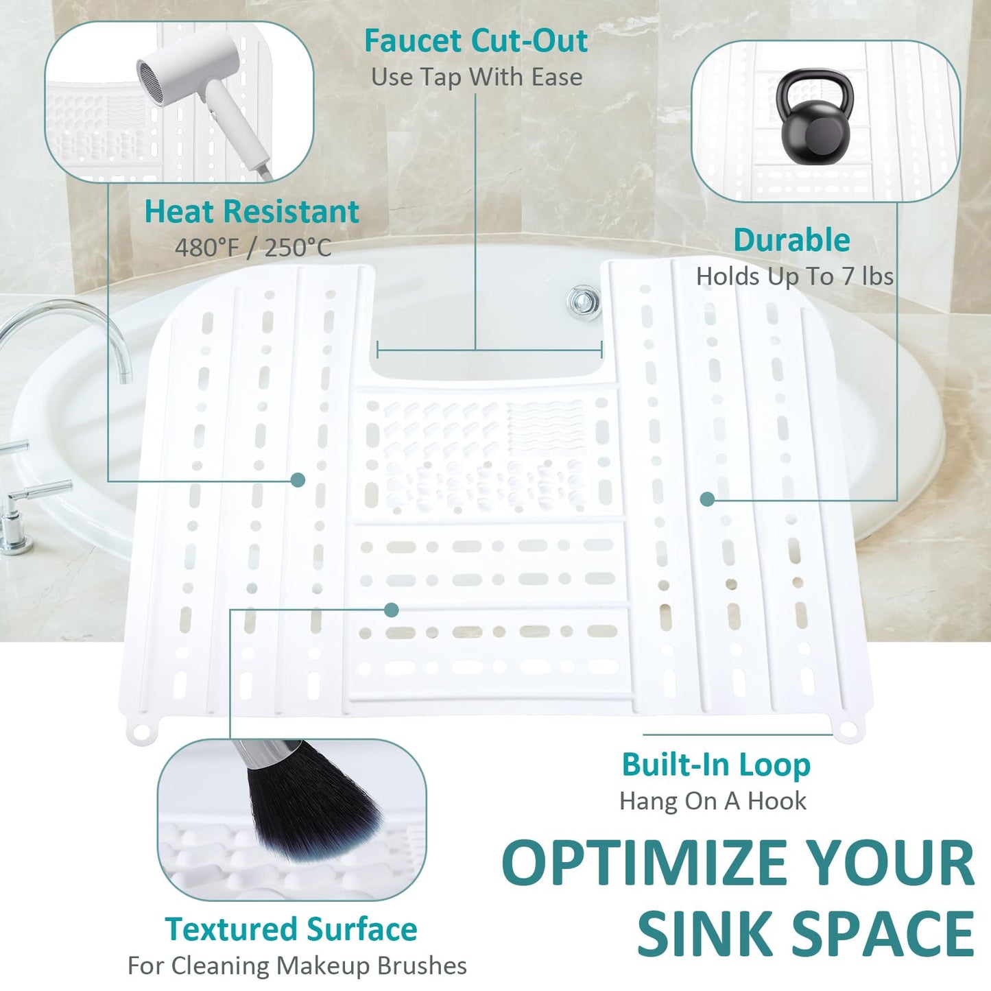 Foldable Sink Cover - Silicone Beauty Makeup Brush Cleaning Mat Tools Organizer with Hanging Loop - for Extra Space & Storage Saver - White