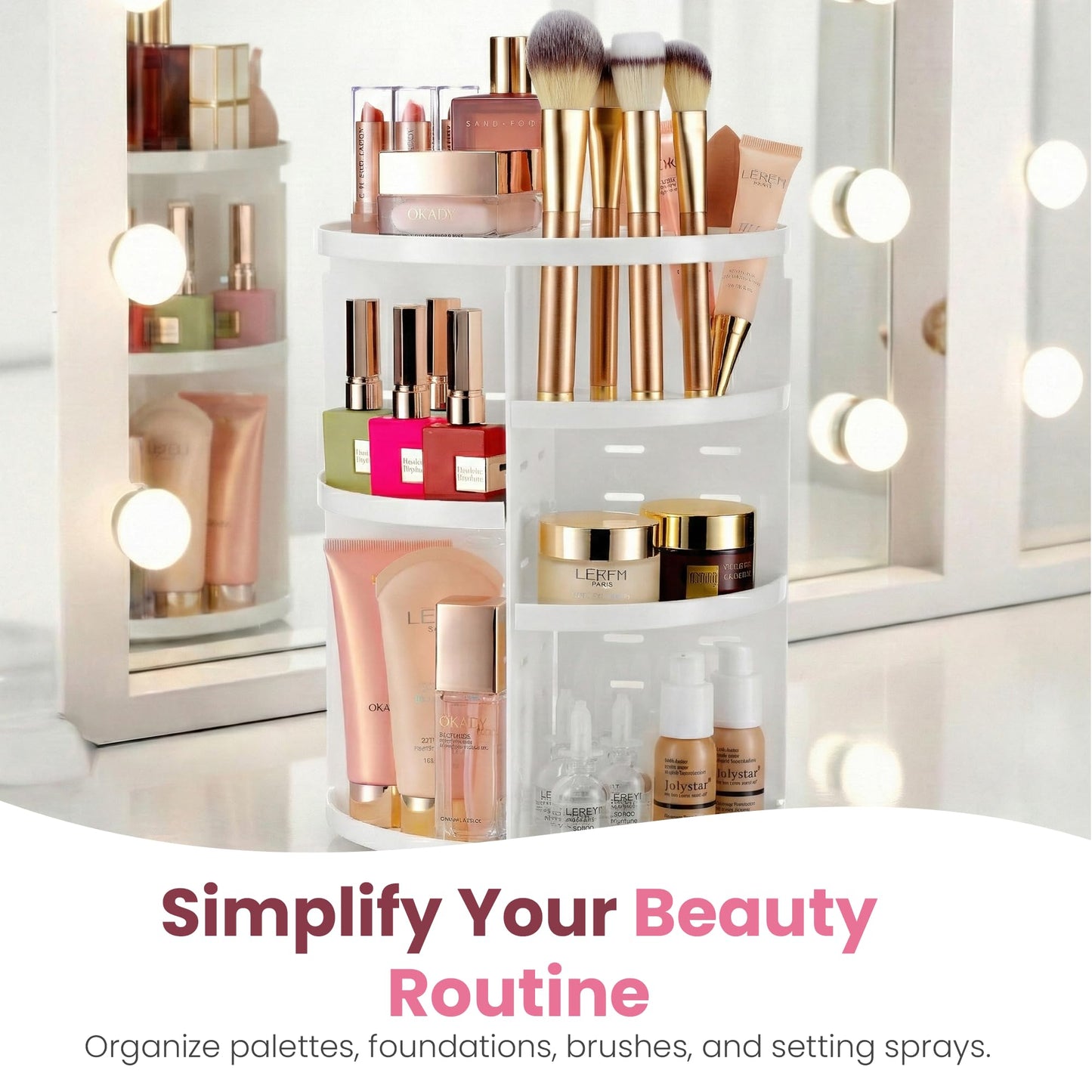 Masirs 360 Rotating Makeup Organizer for Vanity, Adjustable Shelf Height, Large Capacity Cosmetic and Skincare Storage, Lazy Susan Perfume Organizer for Dresser, Bathroom Countertop, White