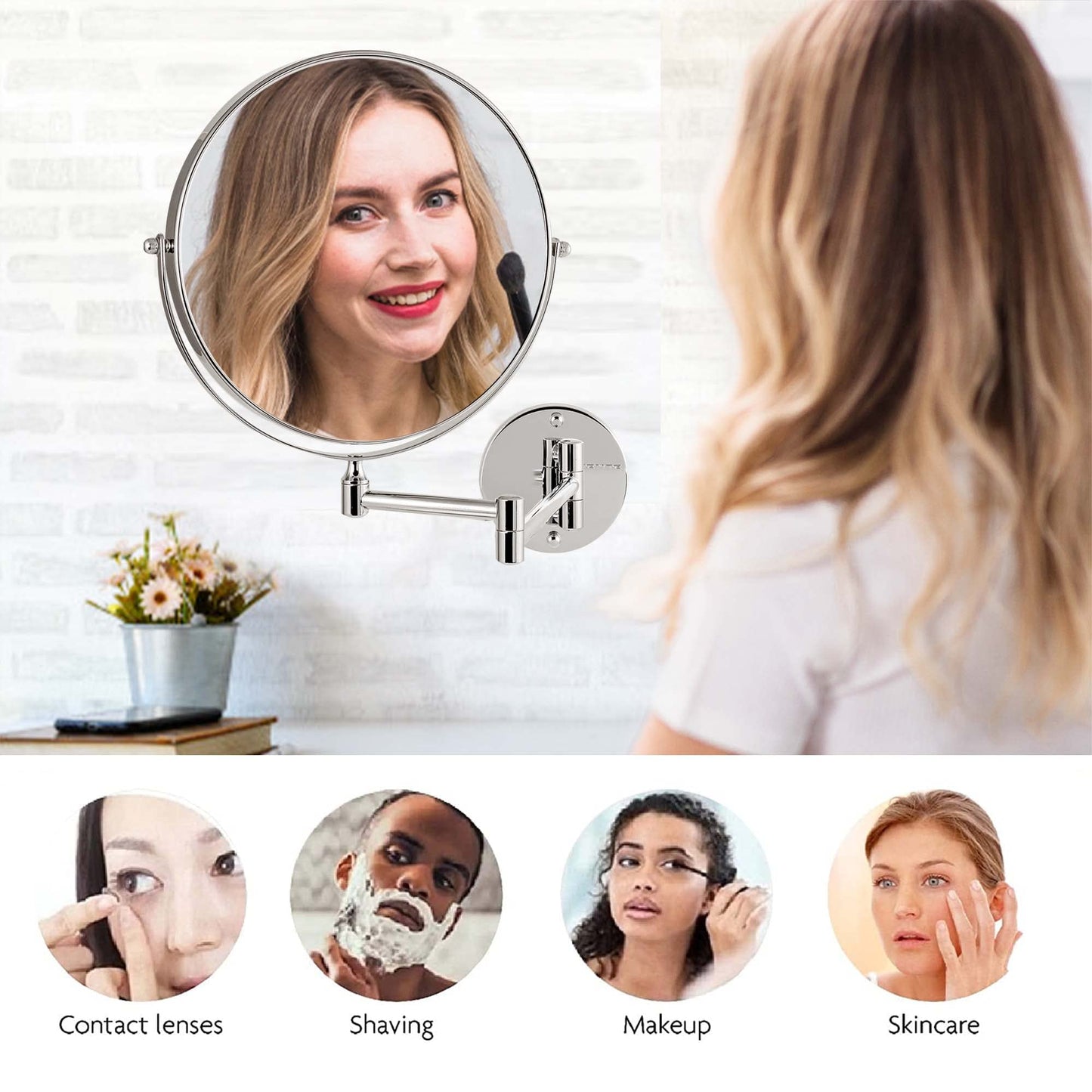 OVENTE 9" Wall Mounted Makeup Mirror with 1X/7X Magnification, Double Sided Magnifying Round Bathroom Vanity Mirror, 360° Swivel Design, Extendable and Folding Arm, Polished Chrome MNLFW90CH1X7X
