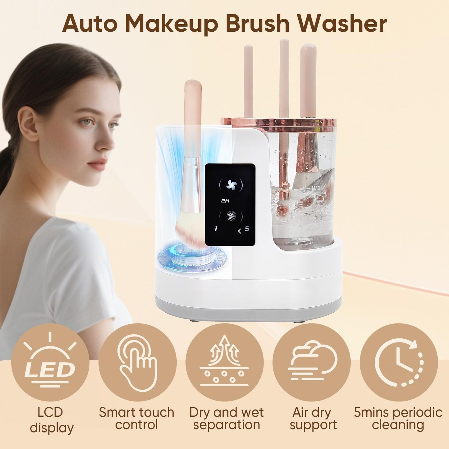 Electric Makeup Brush Cleaner 3-in-1, Automatic Brush Washing & Air-Drying Machine, Dual-Direction Deep Cleaning, Adjustable 2H/5H Drying, Fits Most Brush Sizes, Plug in Design (2026 Upgrade)