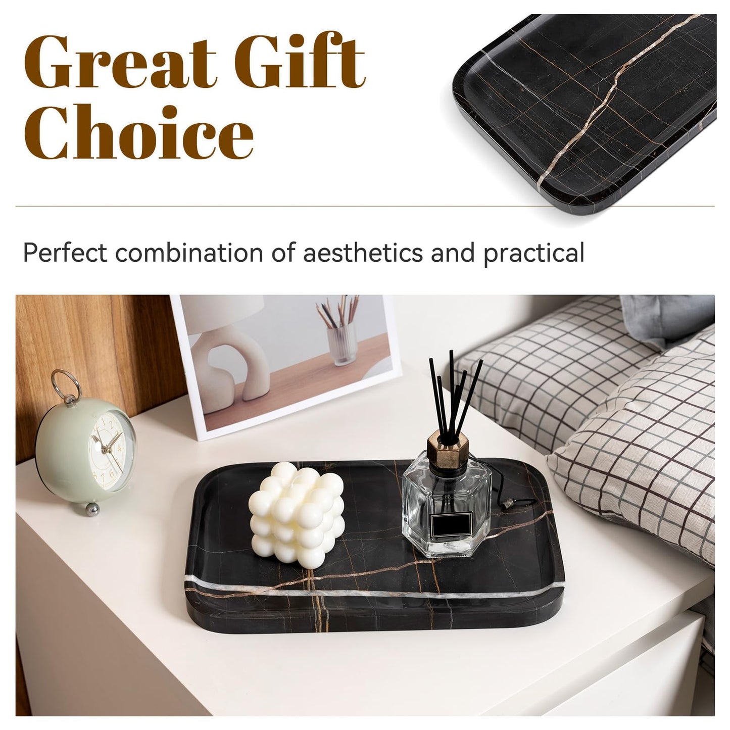 Koville Marble Tray, 12"x8" Natural Marble Vanity Tray for Countertop Bathroom Kitchen Dresser, Decorative Catchall Trays for Perfume Jewelry, Rectangular Stone Serving Tray(Black)