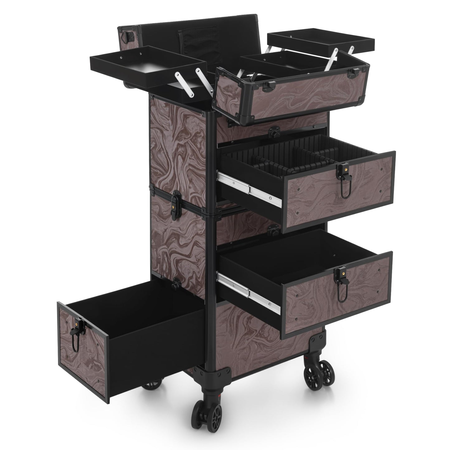 AROUS Rolling Makeup Case with 3 Drawers, Cosmetology Case on Wheels 5 IN 1 Makeup Train Case Make Up Organizer for Artist Salon Nail Teach Trunk,Ink Brown