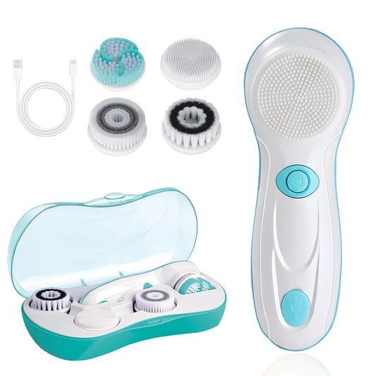 Facial Cleansing Brush, Electric Face Scrubber with 4 Cleanser Heads and 2 Speeds Adjustable for Deep Cleaning, Portable Rechargeable and Waterproof Face Wash Brush for Women & Men (Green)
