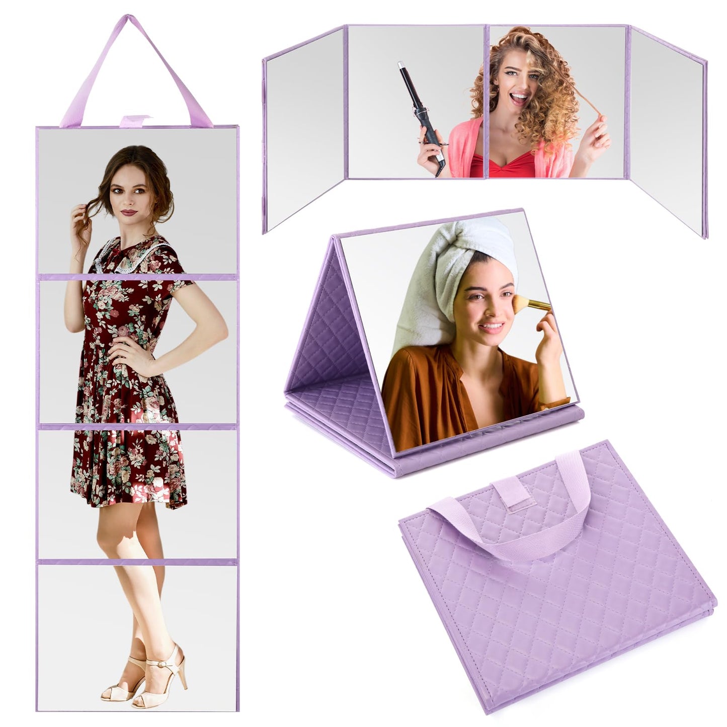 Burbell 3 Way Foldable Full Length Mirror with Handle Leather 31.89 x 11.22 Inches Portable Hanging Travel Mirror Rectangular for Makeup Dance Home Fitness Spa Hair Styling(Purple)