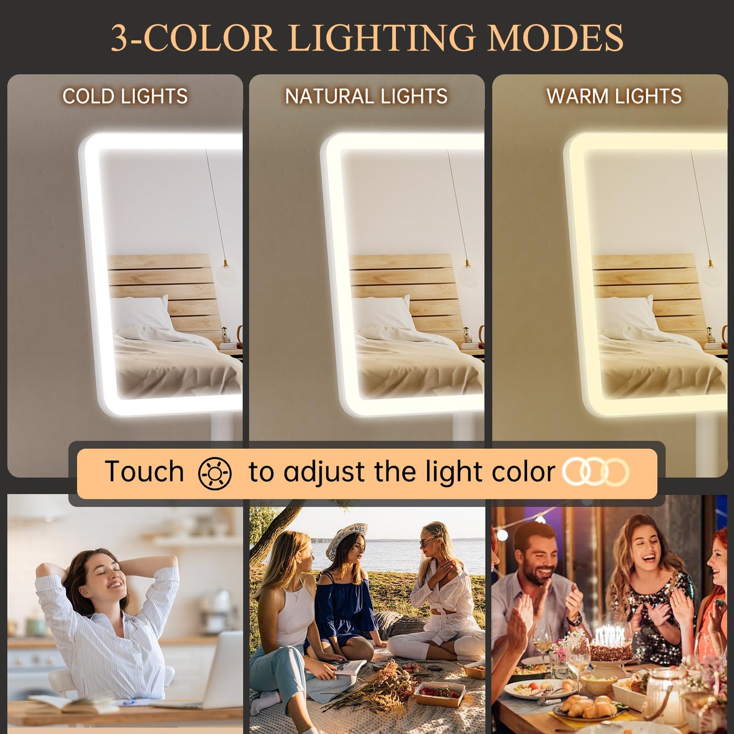 FUNTOUCH Vanity Mirror with Lights, Rechargeable Makeup Mirror with Lights,Smart Touch with 3-Color Lighting, Dimmable, Detachable 40X Magnification for Vanity Desk Tabletop,White