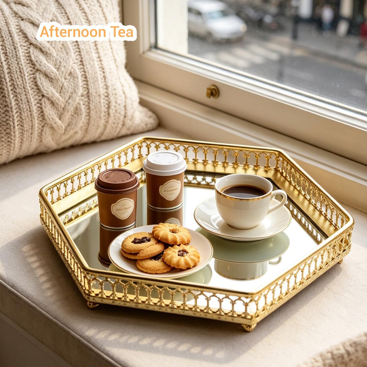 Perfume Organizer, Gold Mirror Perfume Tray, Decorative Metal Vanity Tray with Heart Cutouts, Jewelry Makeup Cosmetic Display Tray for Bathroom Dresser Bedroom Living Room (S, Hexagonal)