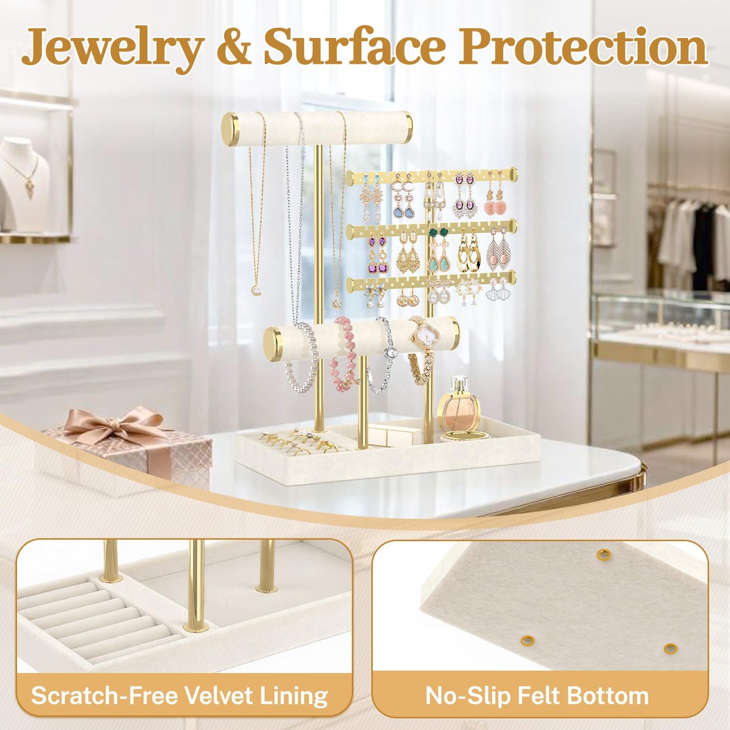 MODOWEY Necklace Holder Earring Stand Organizer, Wooden Velvet Bracelet Tree Rack with Ring Tray for Vendor Women Display Selling, Countertop T Bar Jewelry Tower Keep Everything Visible & Within Reach