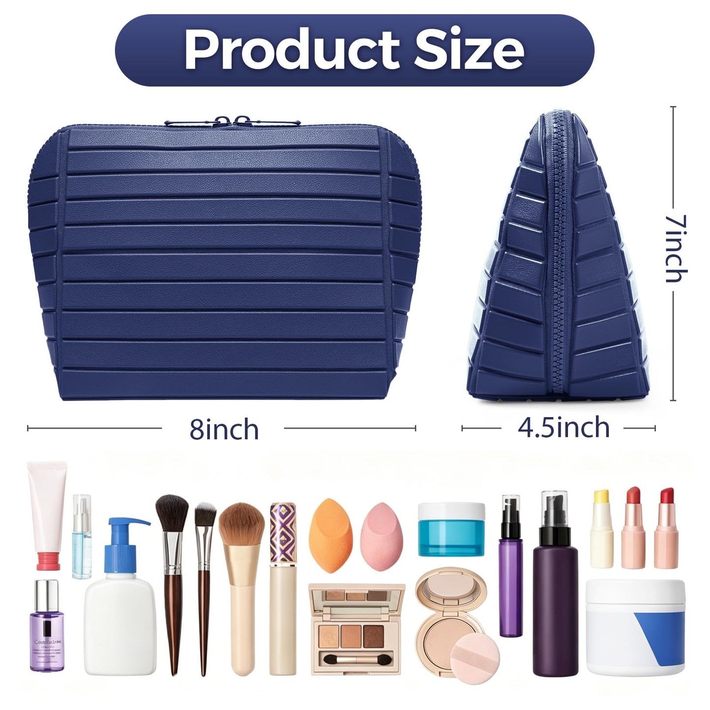 Travel Makeup Organizer Bag with Fold-Down Design and Adjustable Dividers, 27 Pockets & 3 Brush Storage Holders, Large Capacity Cosmetic Bags Toiletry Case - Navy Blue