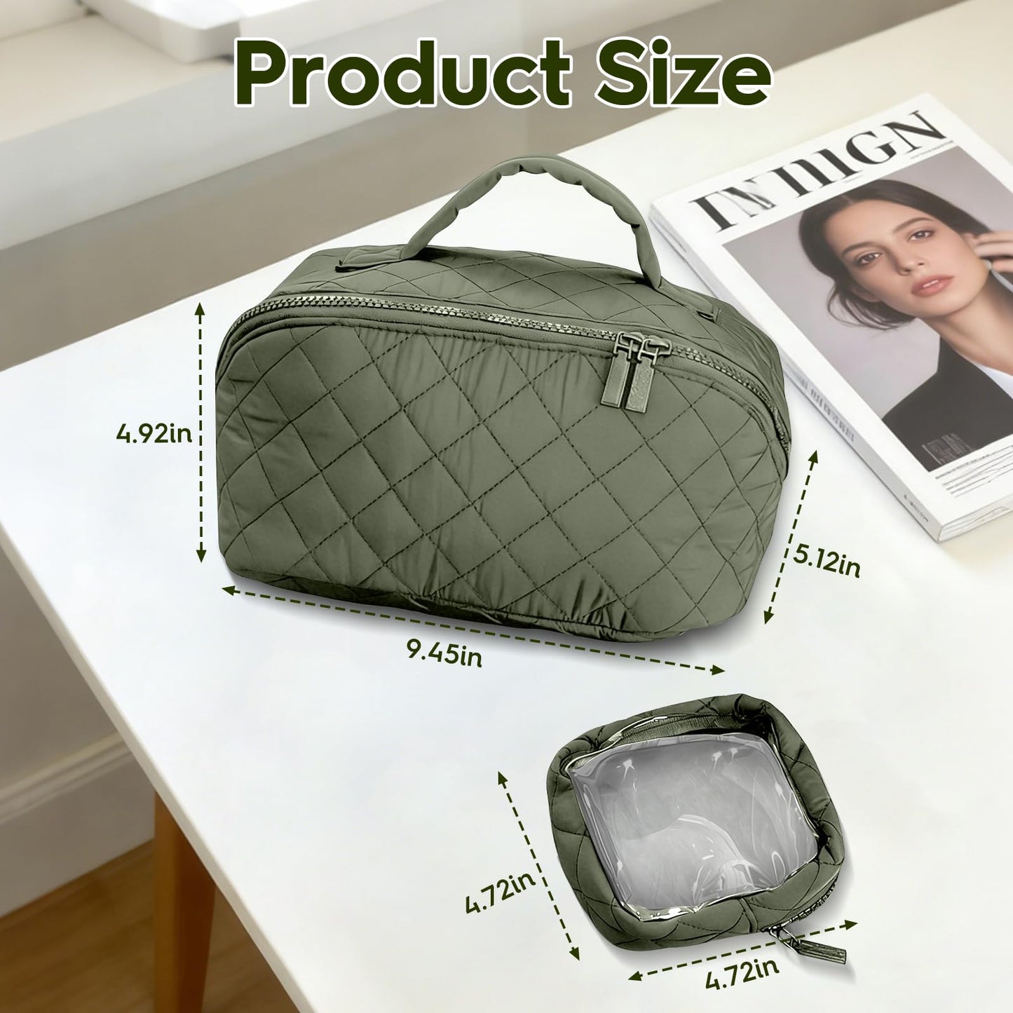 Kezzfpa Makeup Bag, Quilted Makeup Bag, Cosmetic Organizer Bag, Travel Makeup Bag, Waterproof Pouch Toiletry Bag for Women Makeup Organizer Case (Green)
