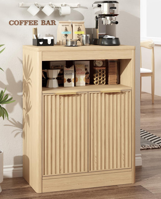 AURINEST Fluted Buffet Cabinet with Storage, Small Coffee Bar Cabinet with Doors & Adjustable Shelves, Wood Storage Cabinet for Kitchen, Living Room, Entryway, Oak