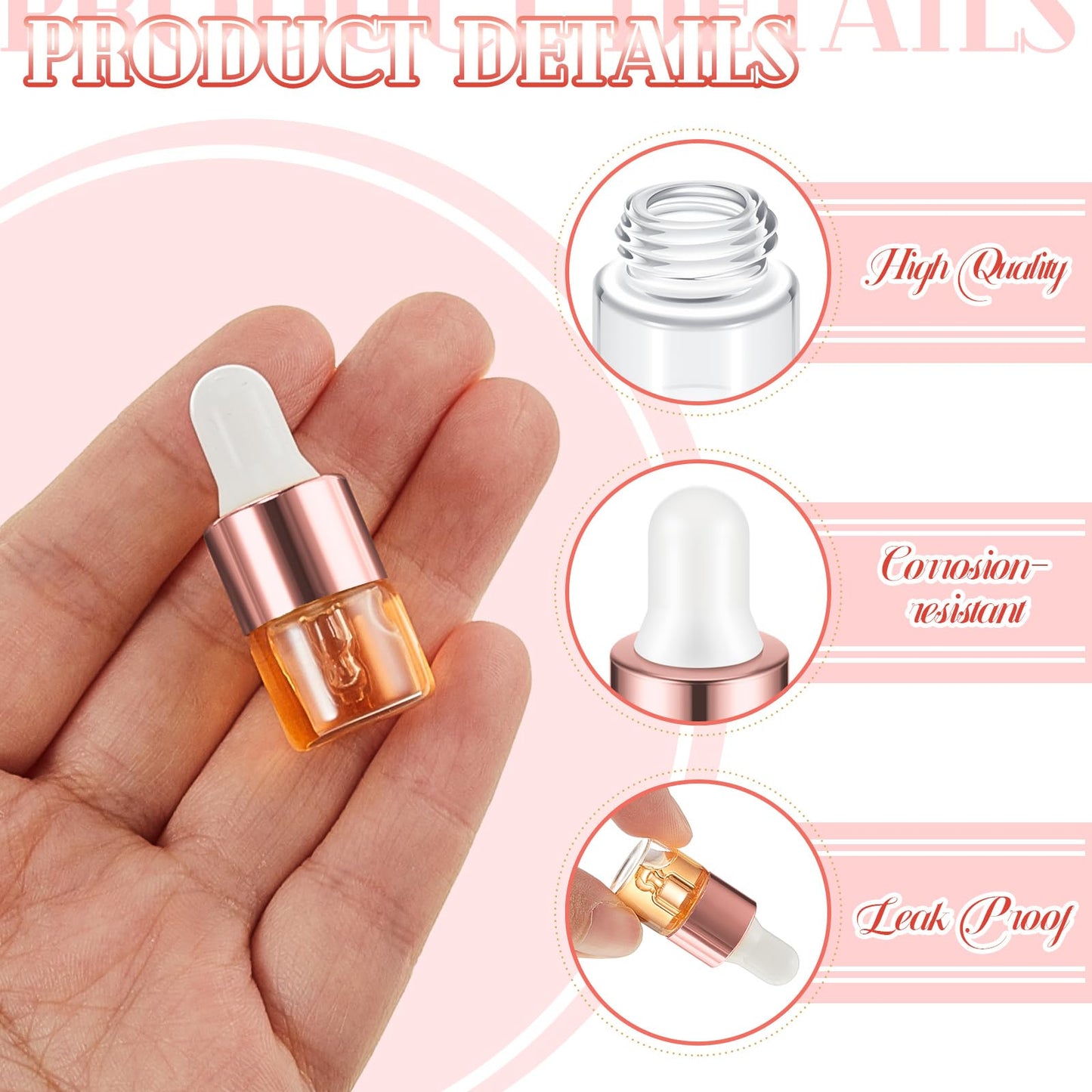 Didaey 100 Pcs 1 ml Mini Glass Oil Dropper Bottle Bulk, Clear Essential Small Empty Bottles Sample Containers Perfume Liquid Vials with Cap for Traveling (Rose Gold)