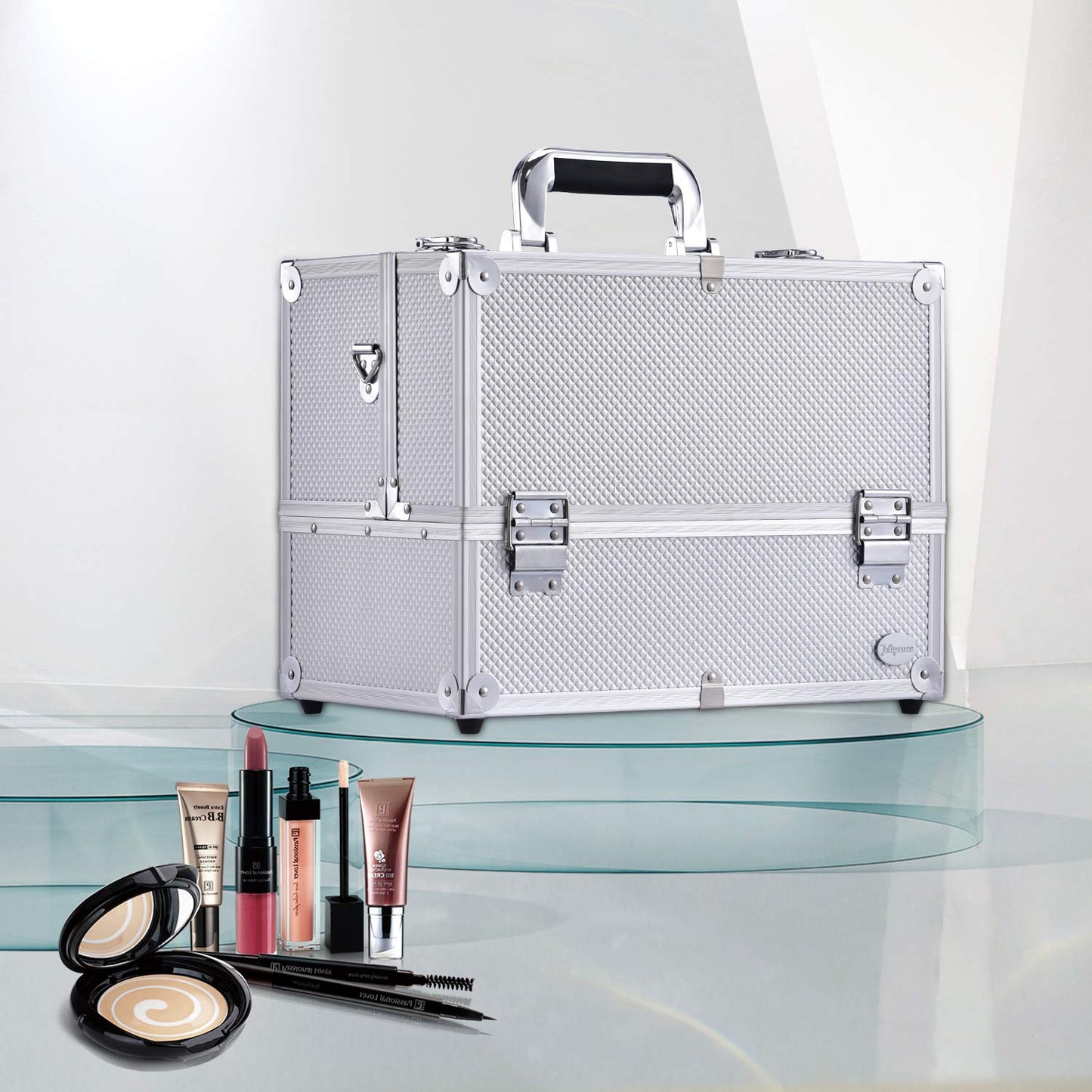 Joligrace Extra Large Makeup Train Case 6 Tray Make Up Artists Organizer Box Lockable Cosmetic Jewelry Toiletries Carrier Crafters Tool Cases with Adjustable Dividers & Shoulder Strap - Silver