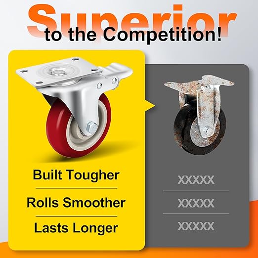 5 Inch Heavy Duty Caster Set of 4, Swivel Plate Castor Wheels with Dual Locking Brakes, Silent Polyurethane (PU) Wheels, 360 Rotation, 2800lbs Load Capacity