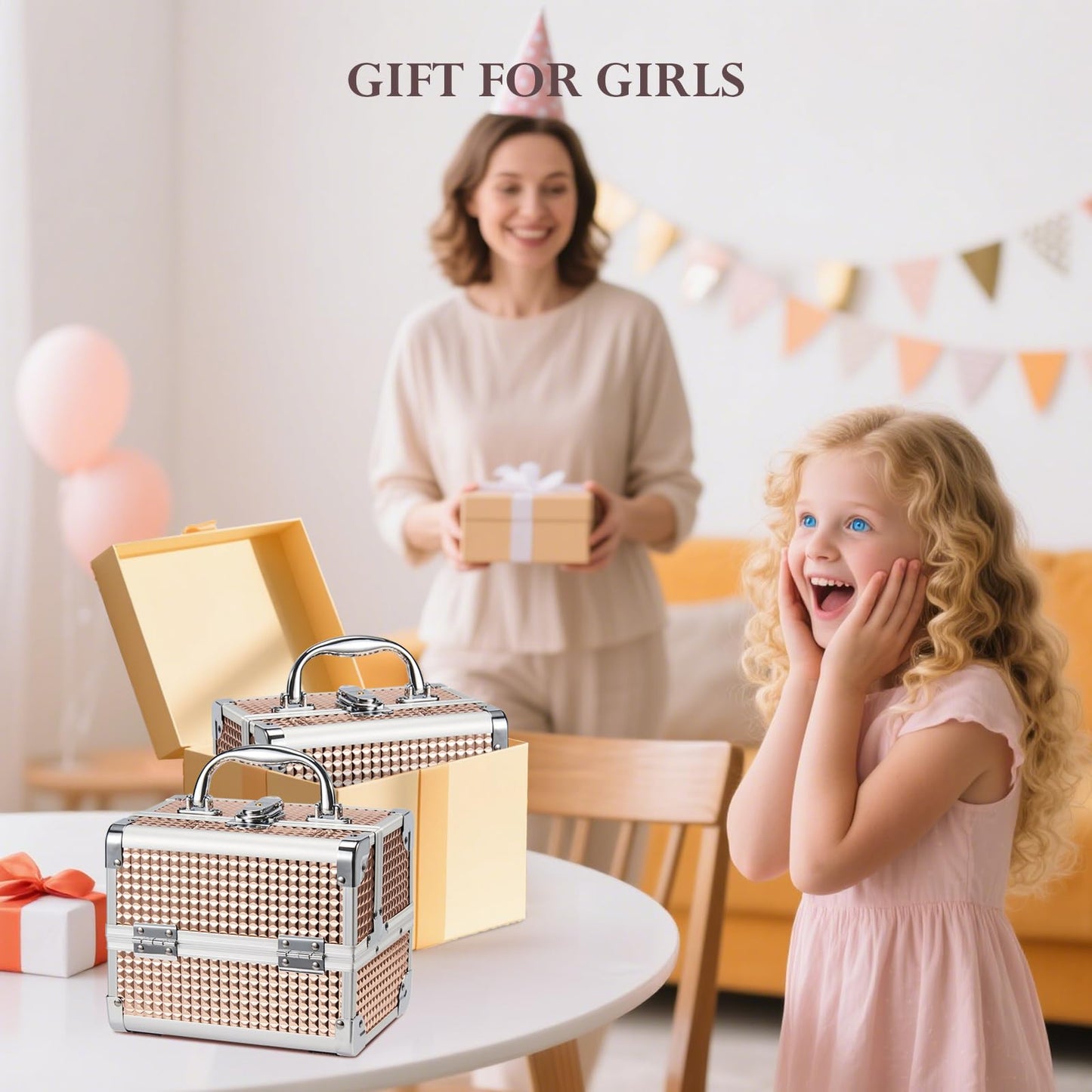 FRENESSA Makeup Case Train Case Portable Makeup Box with Mirror Lock Box Travel Cosmetic Train Cases Hard Makeup Organizer for Nail Craft Storage Vanity for Girl Rose Gold