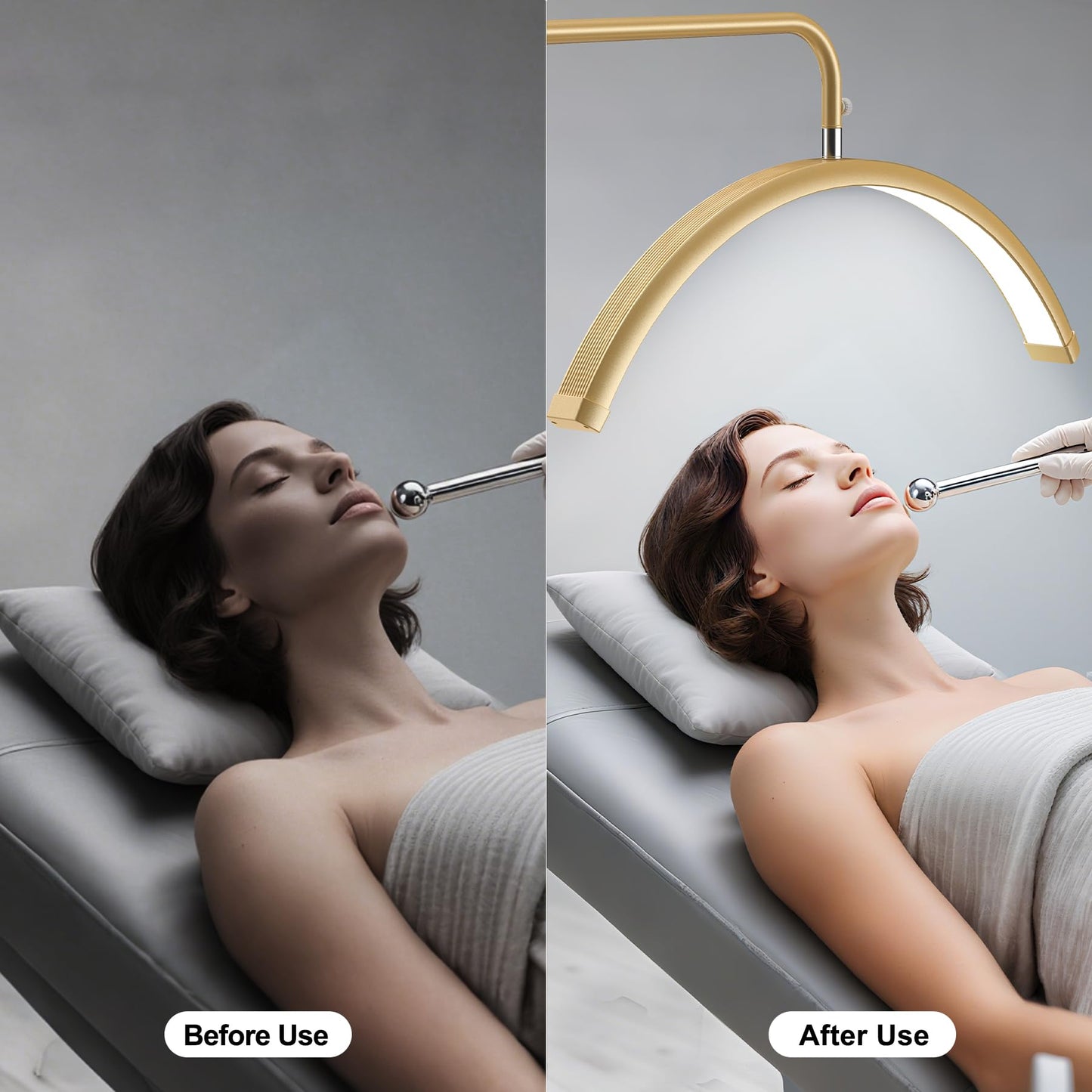 AURELLE Half Moon Lash Light - Adjustable LED Floor Lash Lamp with 4X Magnifier & Phone Holder for Eyelash Extensions,Nail Art,Tattoo,Skincare,Salon SPA-Dimmable Brightness,Rotating Head, Gold