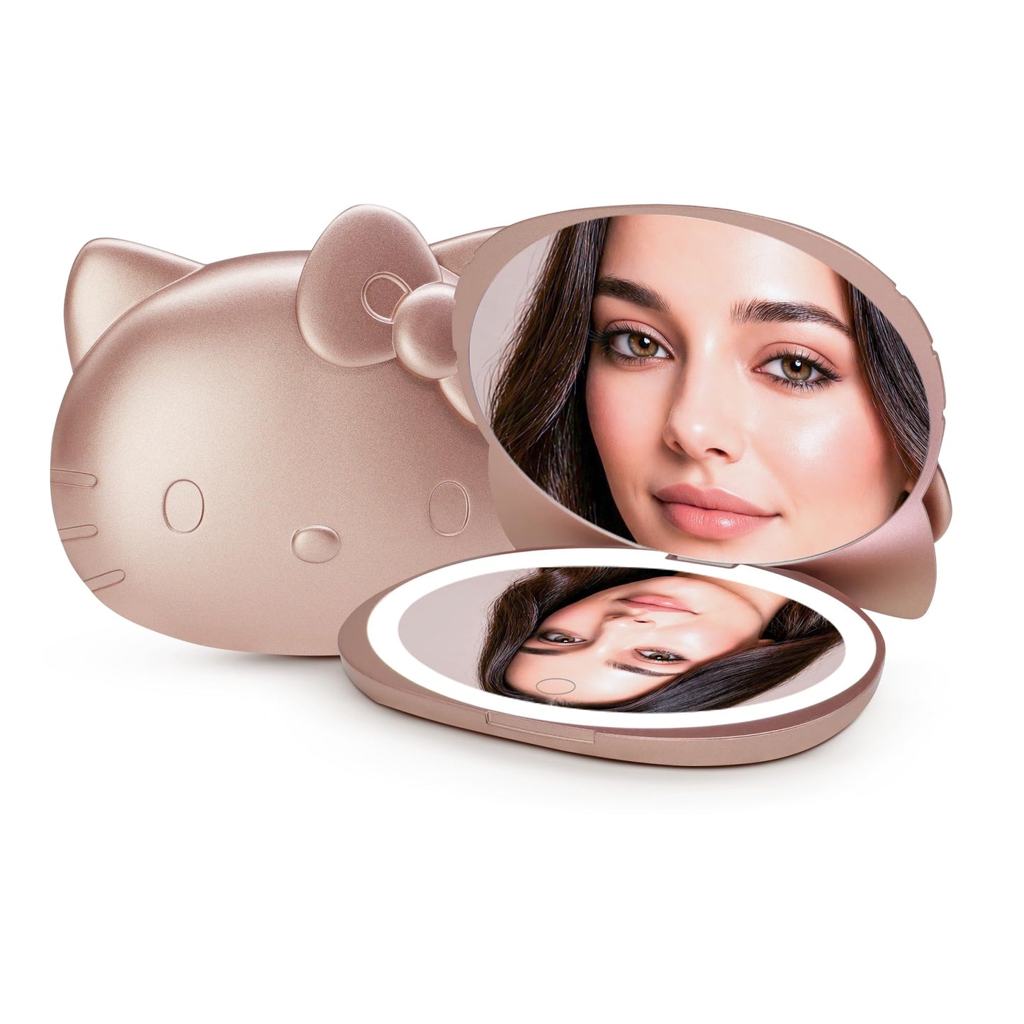 Impressions Vanity Hello Kitty Kawaii Compact Mirror with Touch Sensor Switch for Adjustable Brightness, Lighted Makeup Mirror with LED Lights and 2X Magnifying Mirror (Rose Gold)