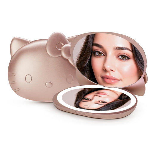 Impressions Vanity Hello Kitty Kawaii Compact Mirror with Touch Sensor Switch for Adjustable Brightness, Lighted Makeup Mirror with LED Lights and 2X Magnifying Mirror (Rose Gold)