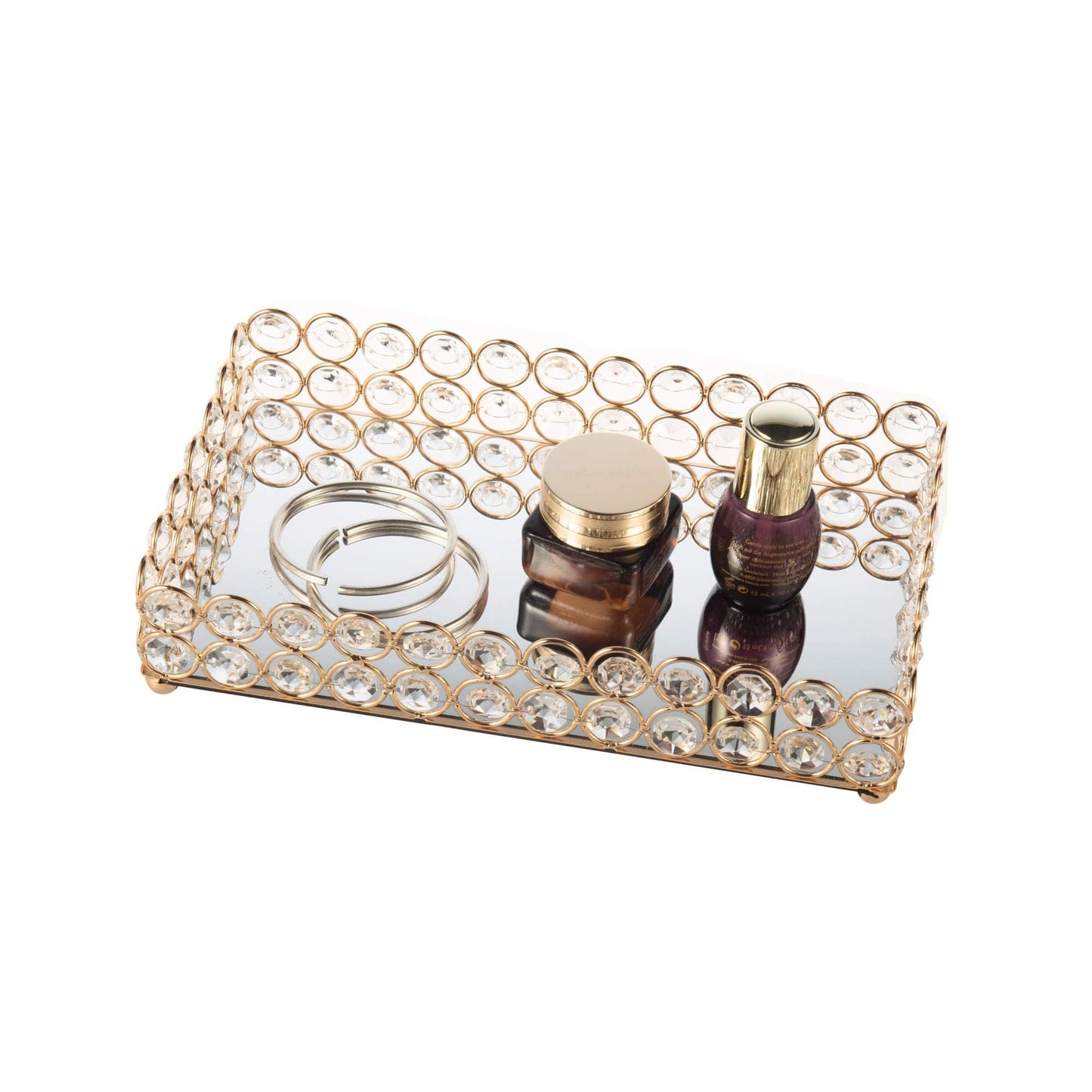 Feyarl 10 Inch Crystal Cosmetic Perfume Tray Vanity Makeup Jewelry Trinket Organizer Mirrored Decorative Tray Storage for Coffee Table Home Deco Wedding Dresser Birthday Gift (Gold)