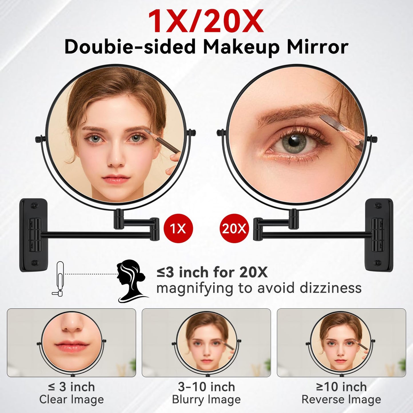 Hahoray Wall Mounted Magnifying Makeup Mirror, 8 Inch 1X/20X Bathroom Shaving Mirror with Extendable Arm, 360° Swivel Double Sided Wall Mount Mirror for Makeup, Shaving and Grooming, Black