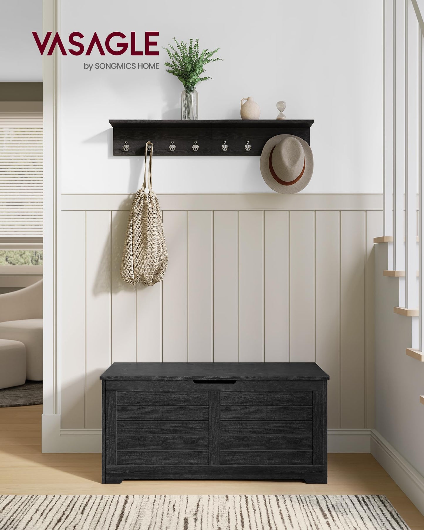 VASAGLE Storage Chest, Storage Bench with 2 Safety Hinges, Farmhouse Style, 15.7 x 39.4 x 18.3 Inches, for Entryway, Bedroom, Living Room, Charcoal Gray ULSB061B01