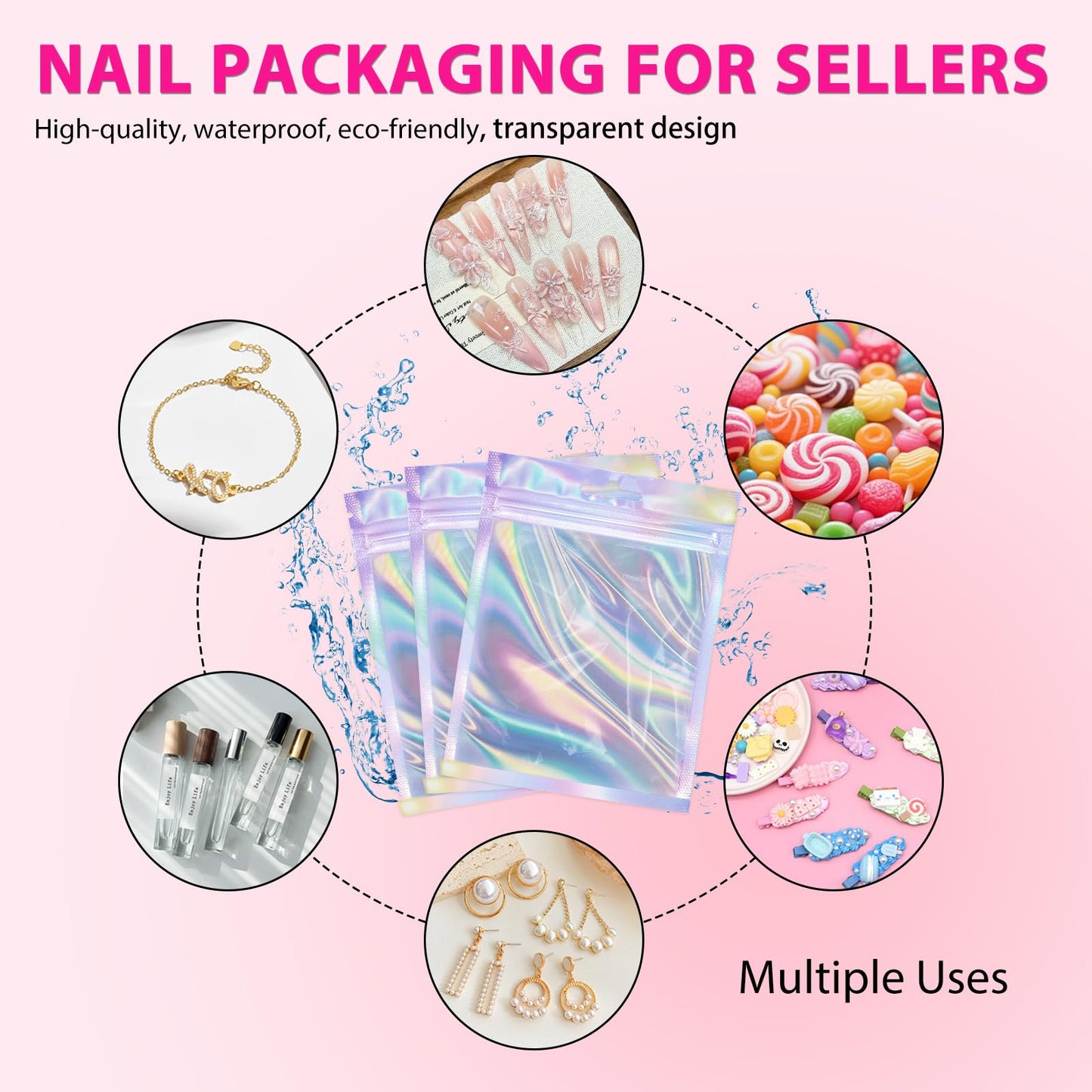 ESUOHYM 20 Sets Nails Packaging Bags for Press On Disposable Nail Supplies Kit with Holographic Bags, Glues, Instruction Cards, Tabs, File, Stick, Prep Pads, Tape Press On Nail Tools Kit for Business