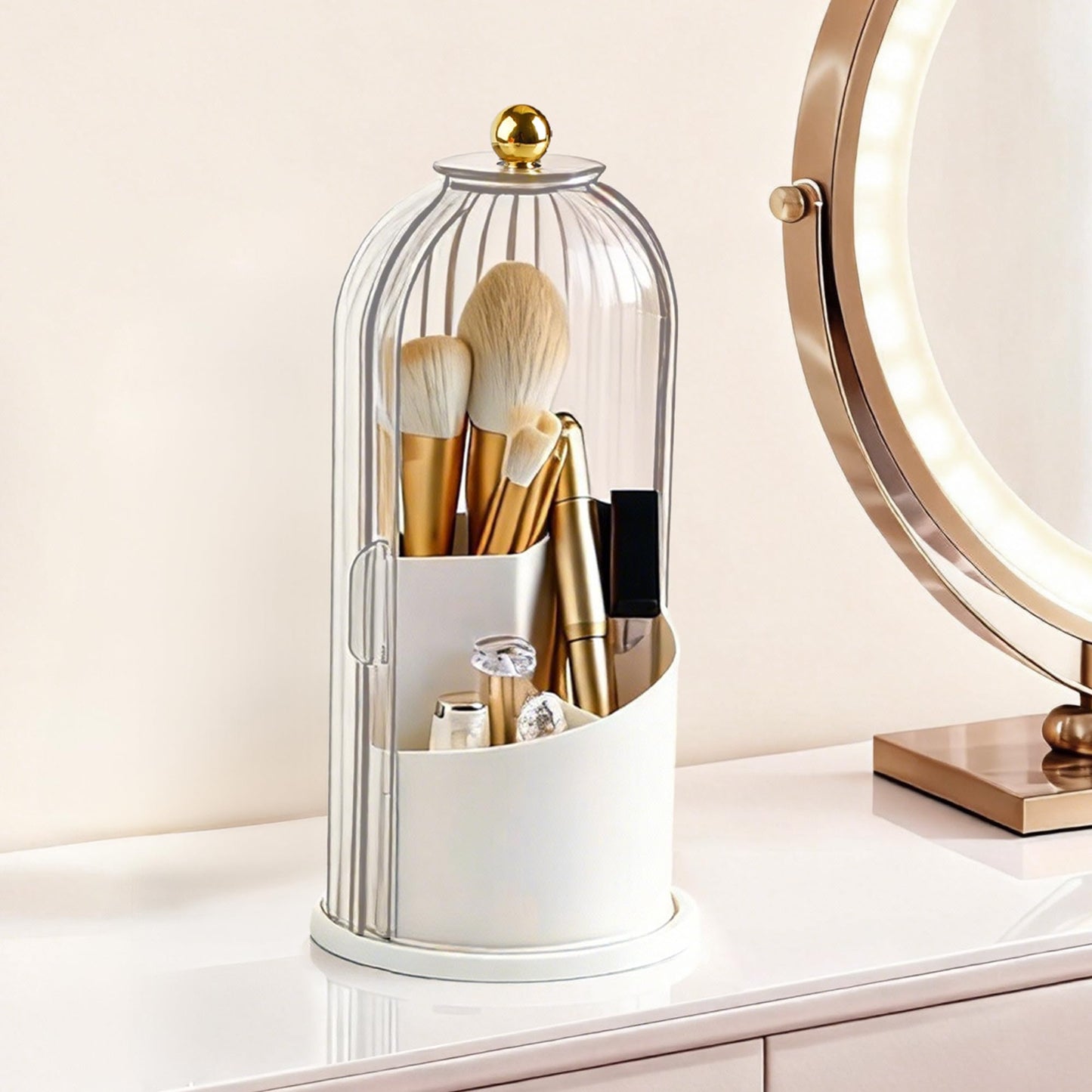 Hvygss 360° Rotating Makeup Brush Holder with Lid, Waterproof Three-Compartment Makeup Organizer, 180° Side-Pull Door Desk Organizer, Dustproof Brush Holder for Vanity and Bathroom (Transparent)
