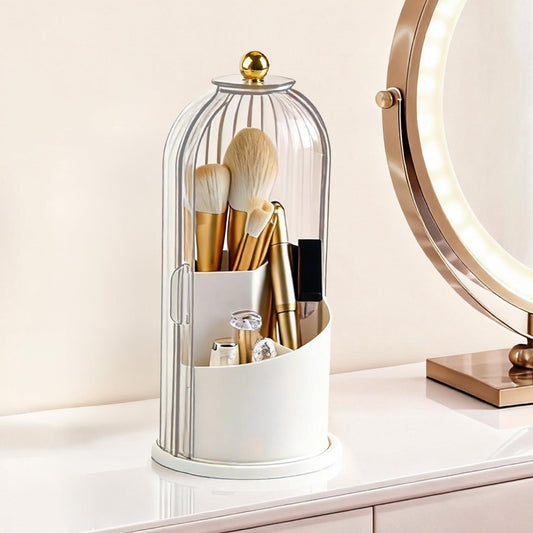 Hvygss 360° Rotating Makeup Brush Holder with Lid, Waterproof Three-Compartment Makeup Organizer, 180° Side-Pull Door Desk Organizer, Dustproof Brush Holder for Vanity and Bathroom (Transparent)