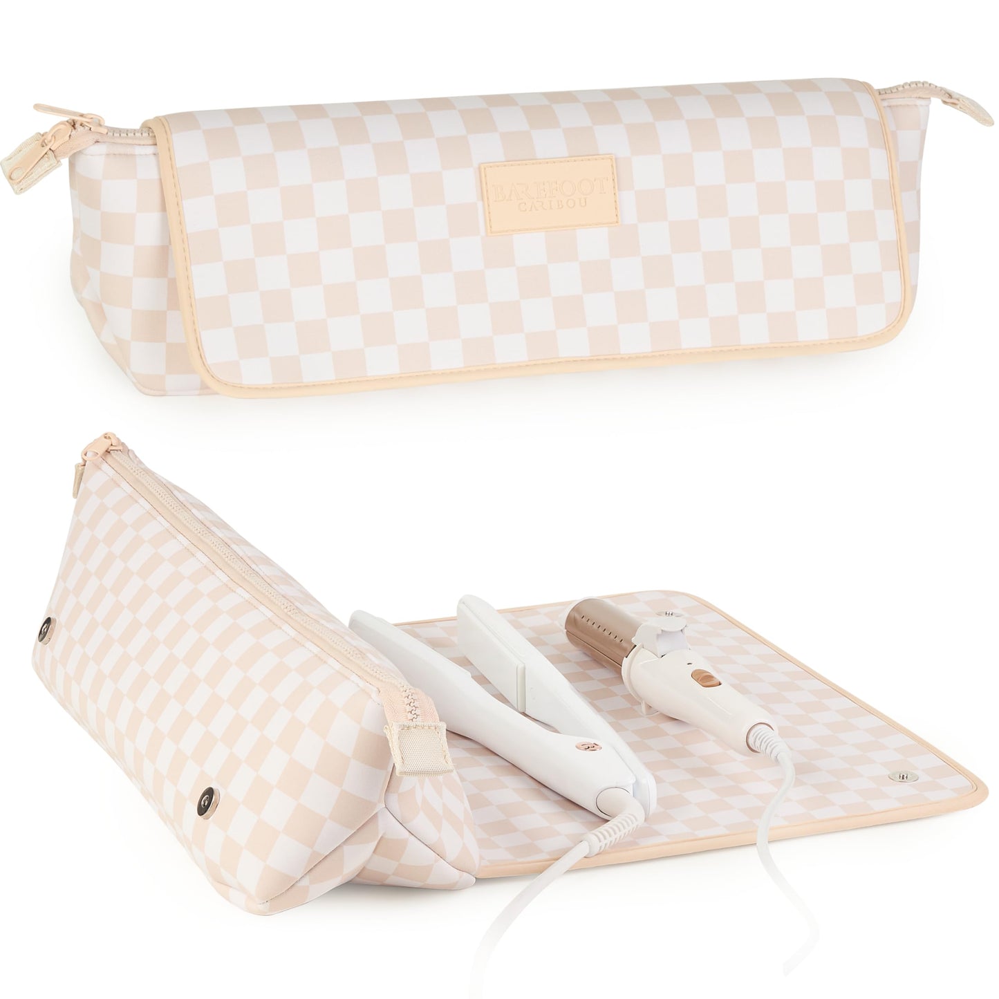 BAREFOOT CARIBOU Hair Tools Travel Bag and Heat Resistant Mat (15.5") for Flat Irons, Straighteners, Curling Iron,and Haircare Accessories, 2-in-1 design, Interior Pockets, Organizer (Checkered Peach)