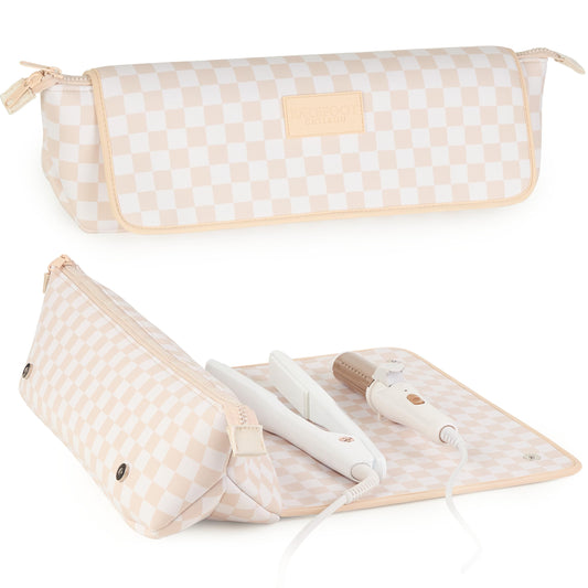 BAREFOOT CARIBOU Hair Tools Travel Bag and Heat Resistant Mat (15.5") for Flat Irons, Straighteners, Curling Iron,and Haircare Accessories, 2-in-1 design, Interior Pockets, Organizer (Checkered Peach)