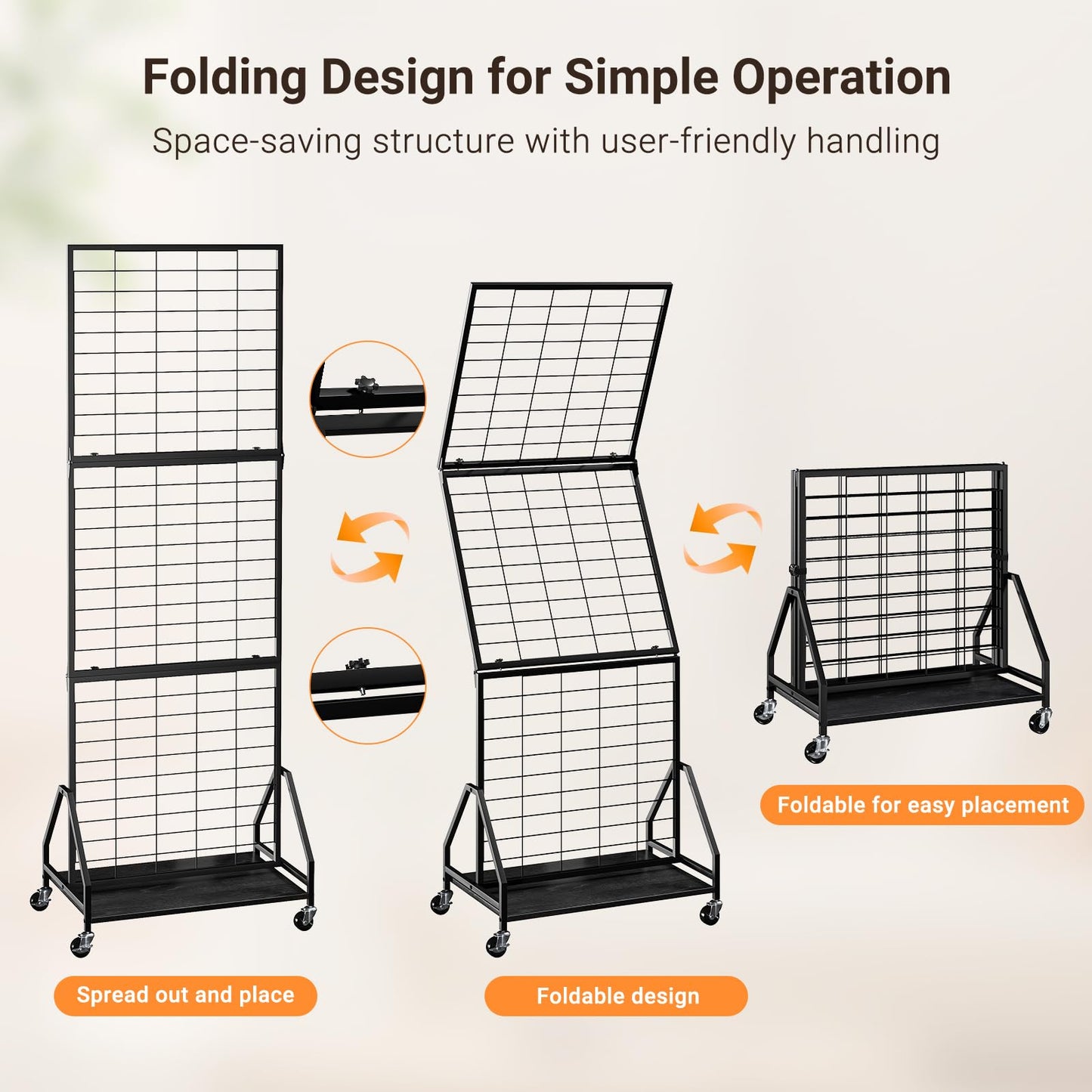 ELYKEN Foldable Grid Wall Panels 5.7' x 2' FT, Movable Wire Gridwall Display Rack with Wheels and Adjustable Foots, Retail Display Stand for Vendor with Storage (Black)