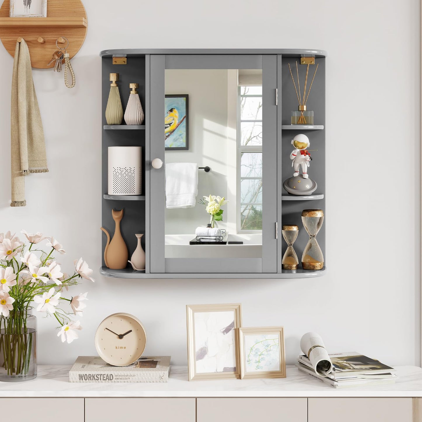 Tangkula Bathroom Wall Cabinet with Mirror, Modern Medicine Cabinet with Mirrored Door, 4 Internal Shelves & 6 Side Open Shelves, Wall Mounted Space-Saving Storage Organizer