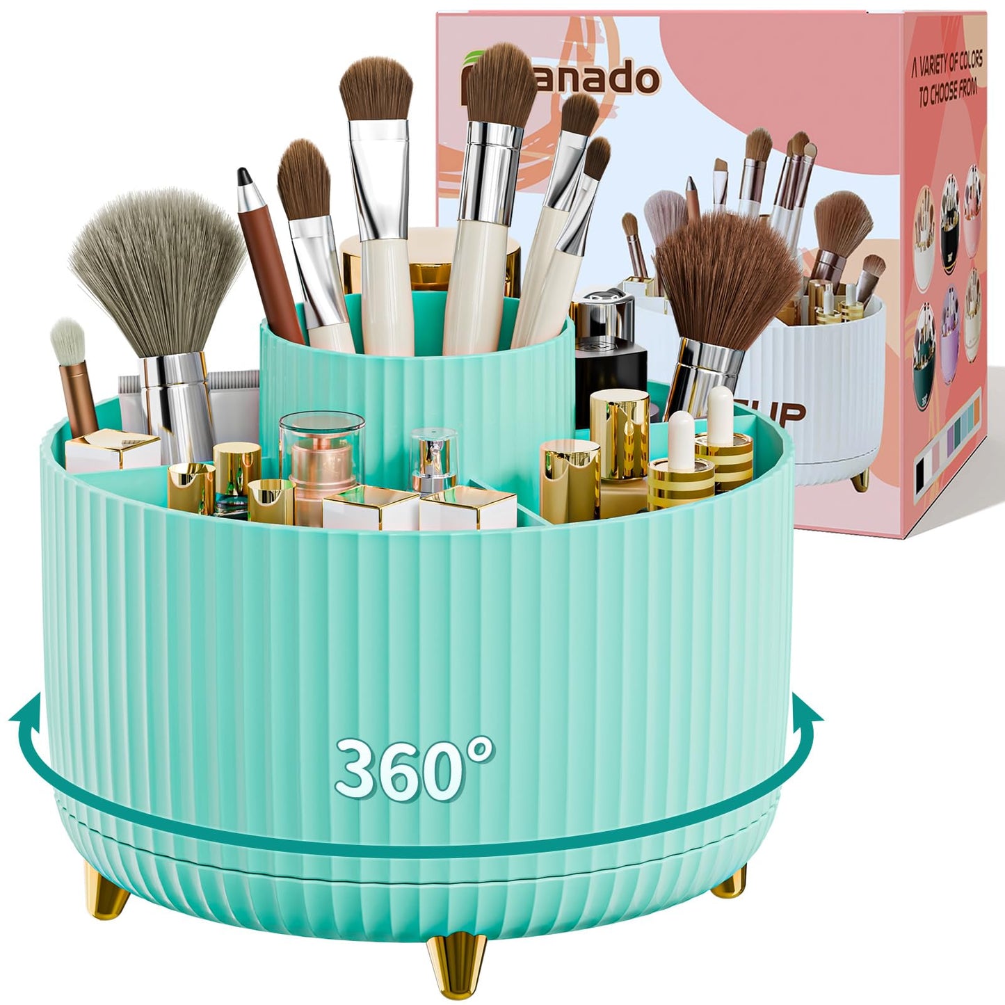 fanado 360° Rotate Makeup Brush Holder Organizer, Makeup Organizers Countertop, Makeup organization and Skincare Storage for Vanity, Desktop, Bathroom (Mint Green)