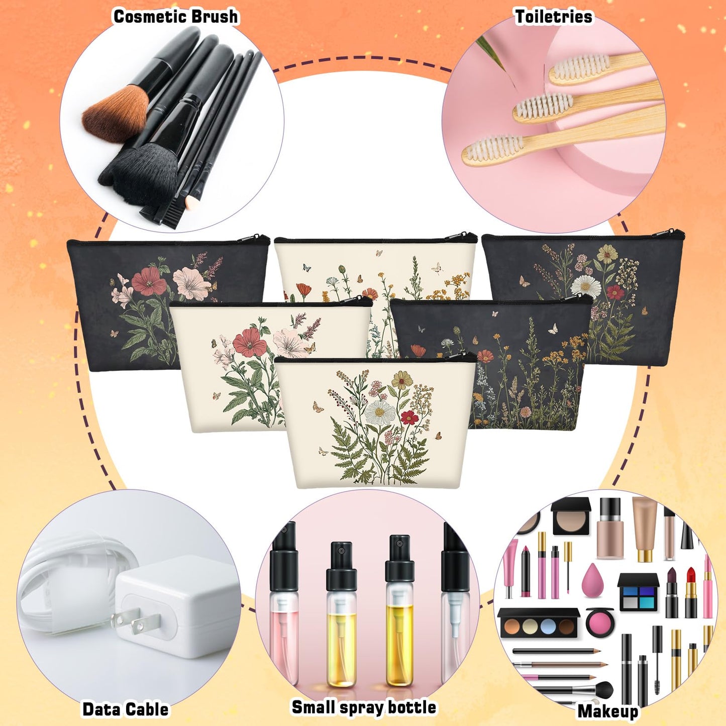 Sweetude 12 Pcs Black Flower Makeup Bags Bulk Portable Wildflower Travel Cosmetic Bags with Zipper Floral Waterproof Roomy Travel Beauty Toiletry Organizer Storage Pouch for Women Wedding Gifts
