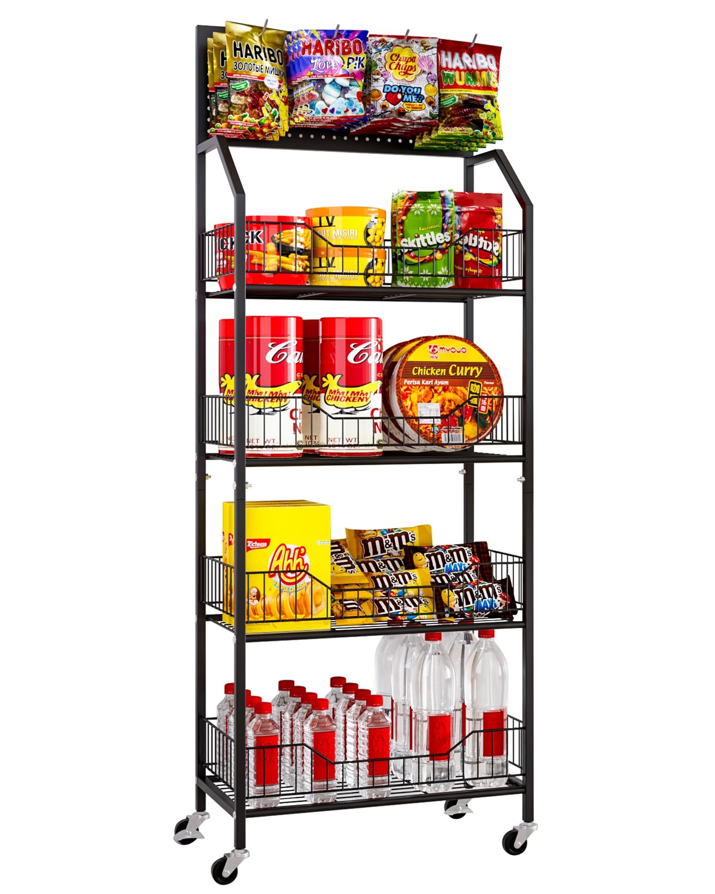 Fitzkor 4 Tier Supermaket Storage Rack, Snack Rack Display Stand, Retail Display Organizer Stand with Hooks & Wheels, Metal Snack Shelf for Store Home Kitchen, Black Chip Rack Display Stand (4 Tier)